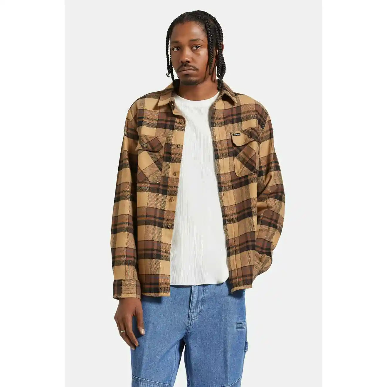 Brixton Bowery Long Sleeve Flannel, tiger's eye/pinecone brown/was — available at Norwood