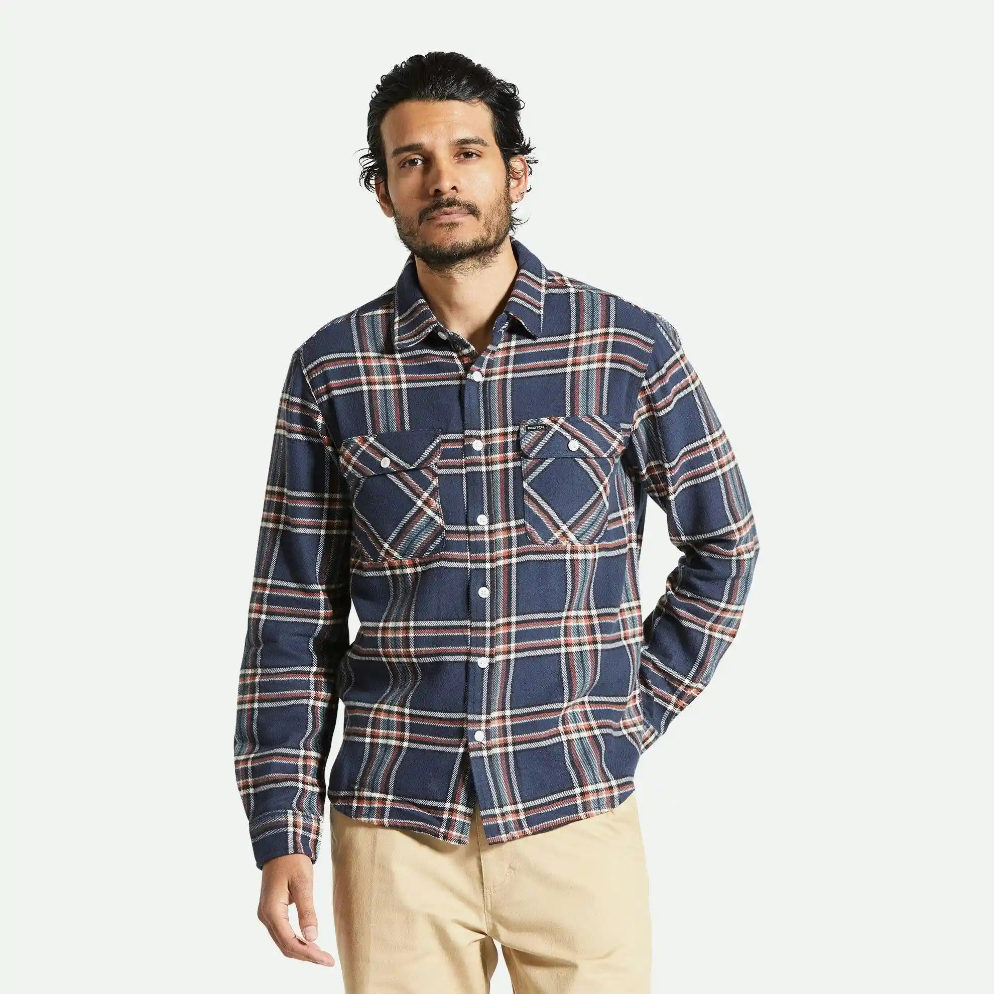 Brixton Bowery Flannel Shirt, washed navy/off white/terracot — available at Norwood