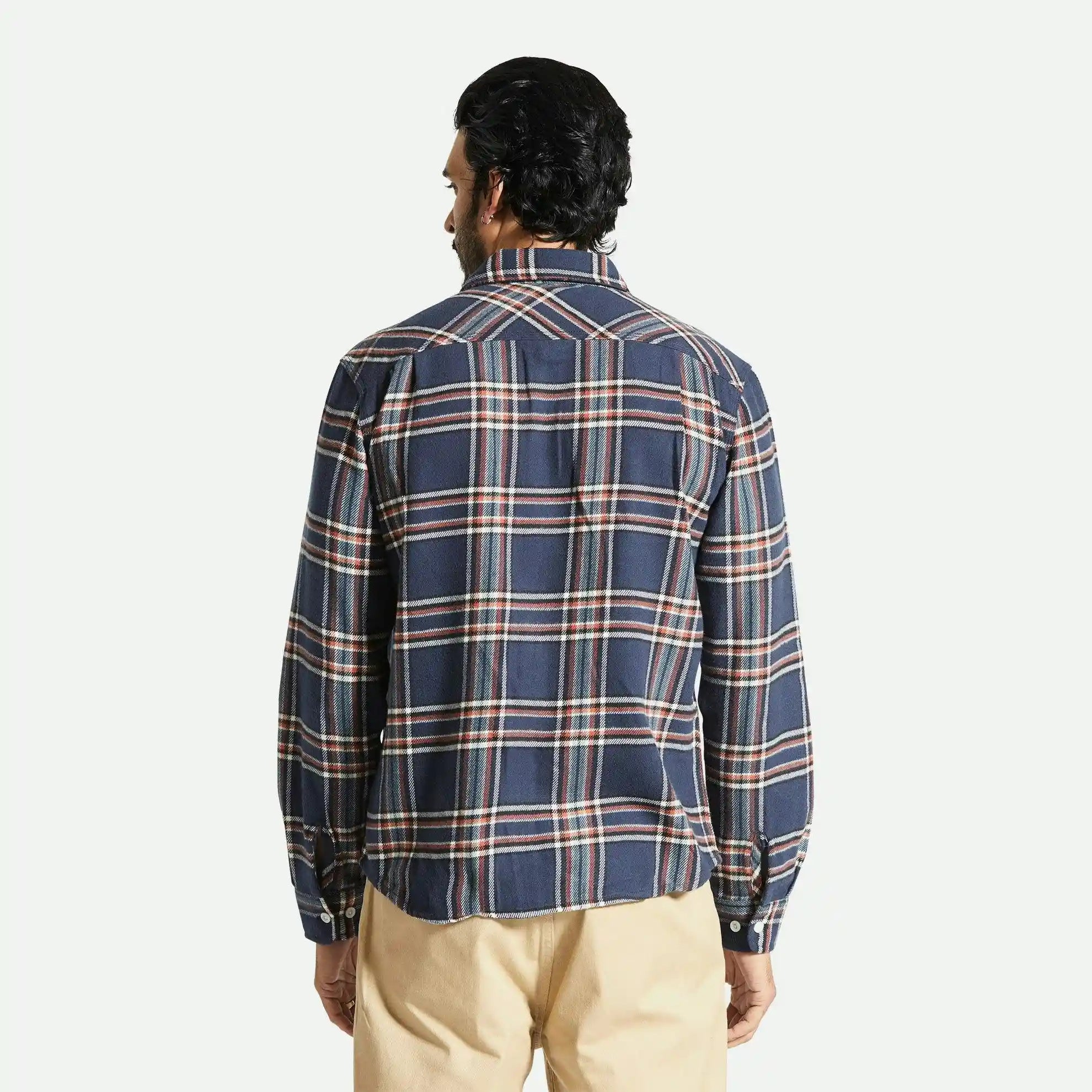 Brixton Bowery Flannel Shirt, washed navy/off white/terracot — available at Norwood