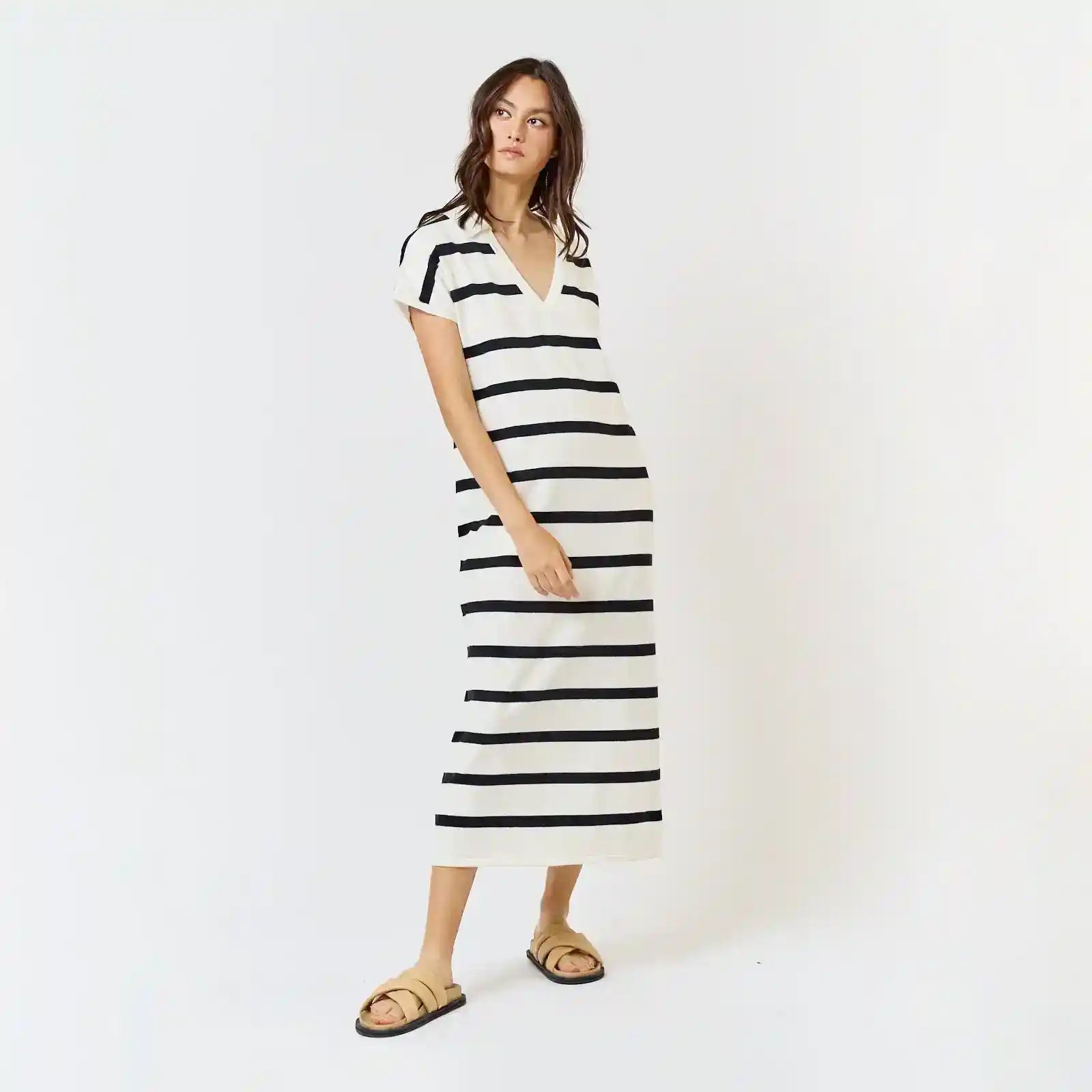 Womens Striped Collared V-Neck Sweater Maxi Dress, off white-black