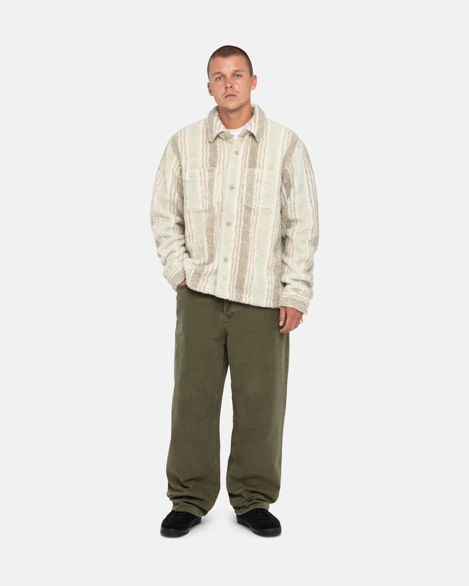 Stussy Stripe Sherpa Shirt, natural — available at Norwood