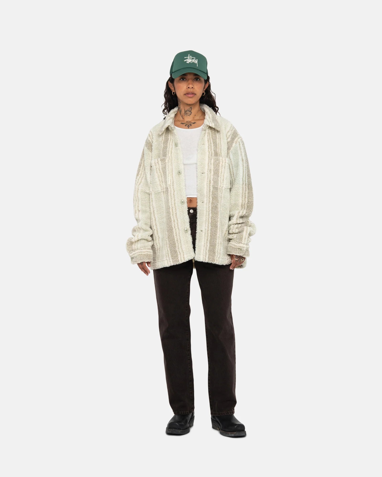 Stussy Stripe Sherpa Shirt, natural — available at Norwood
