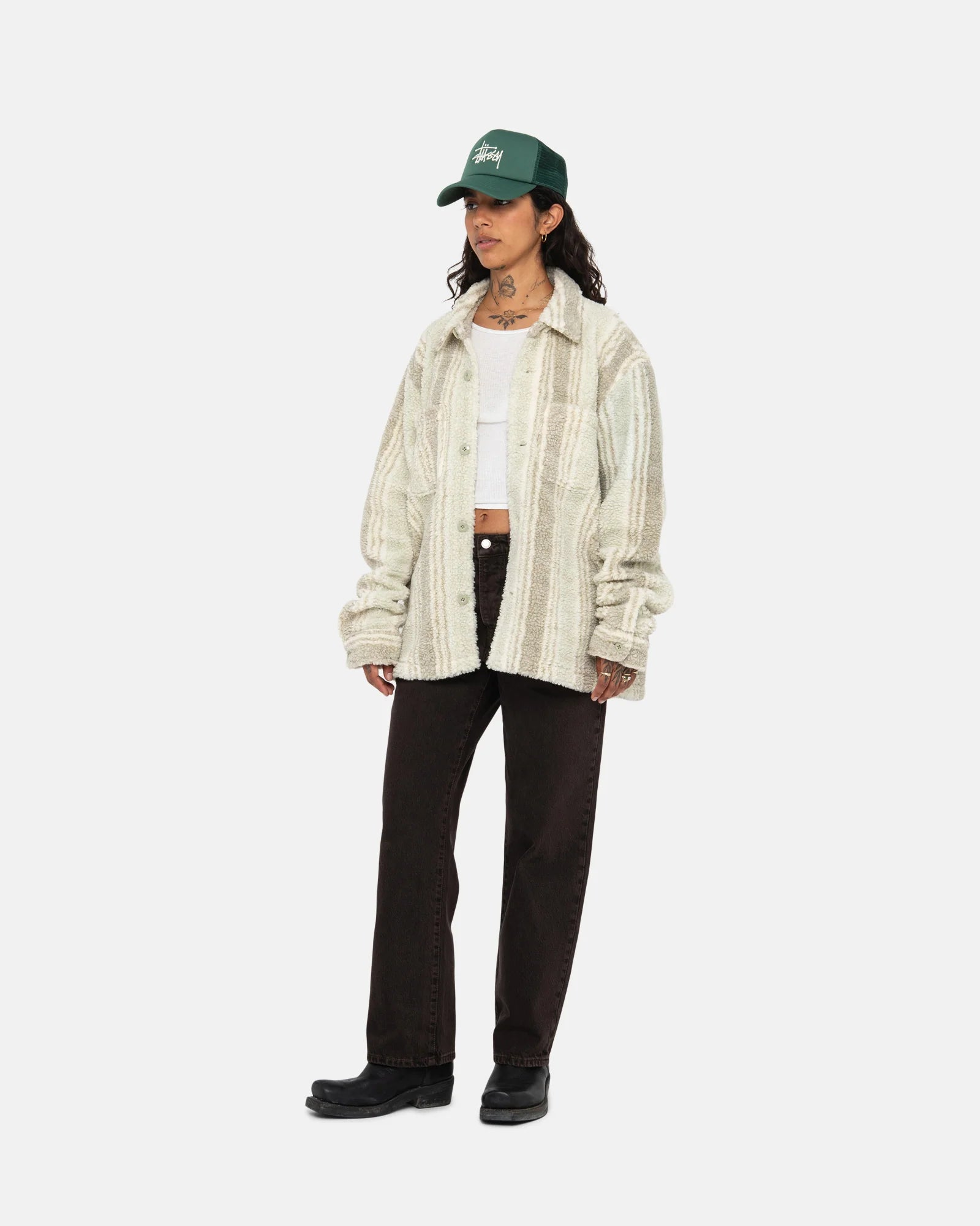 Stussy Stripe Sherpa Shirt, natural — available at Norwood