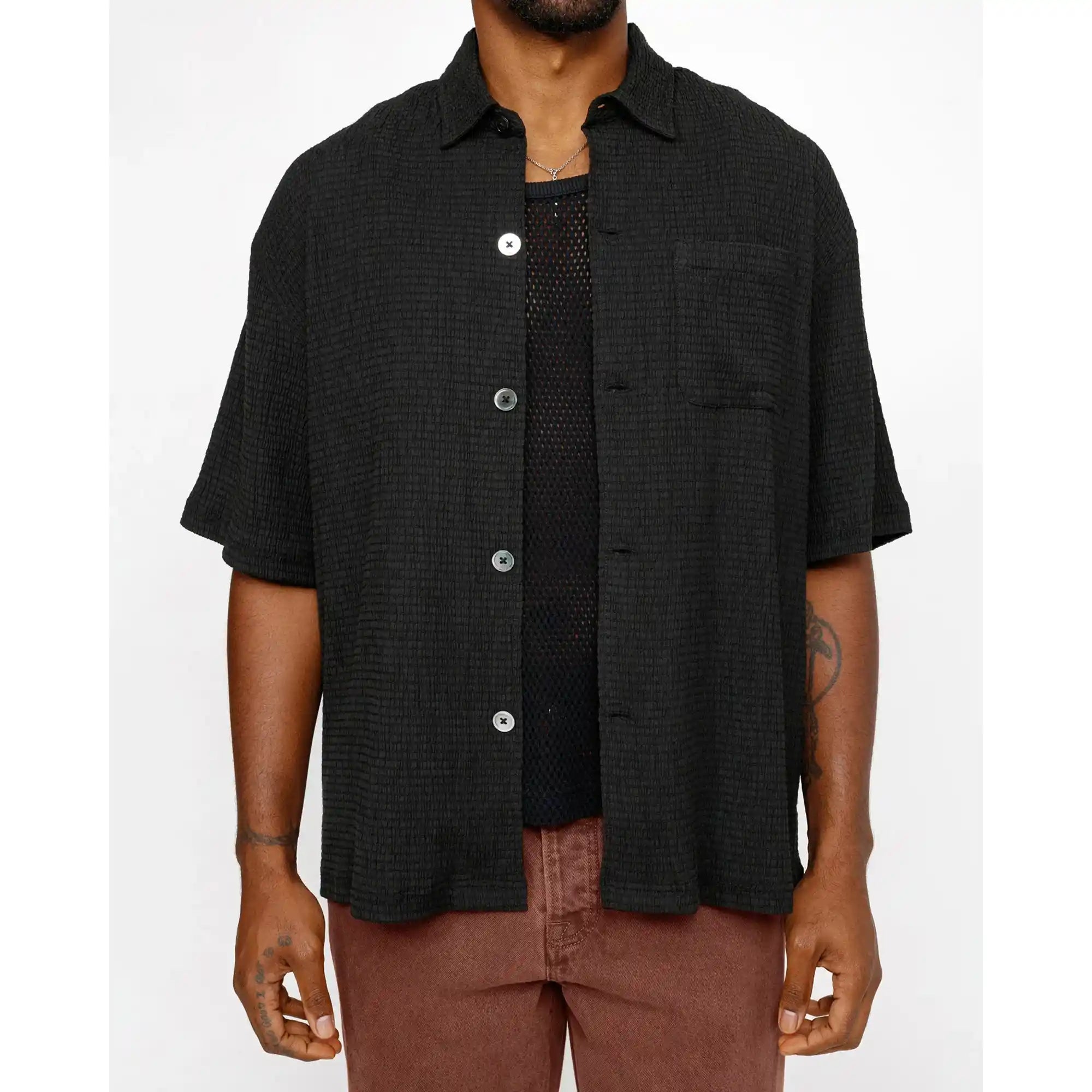 Stussy Flat Bottom Crinkled Shirt, black — available at Norwood