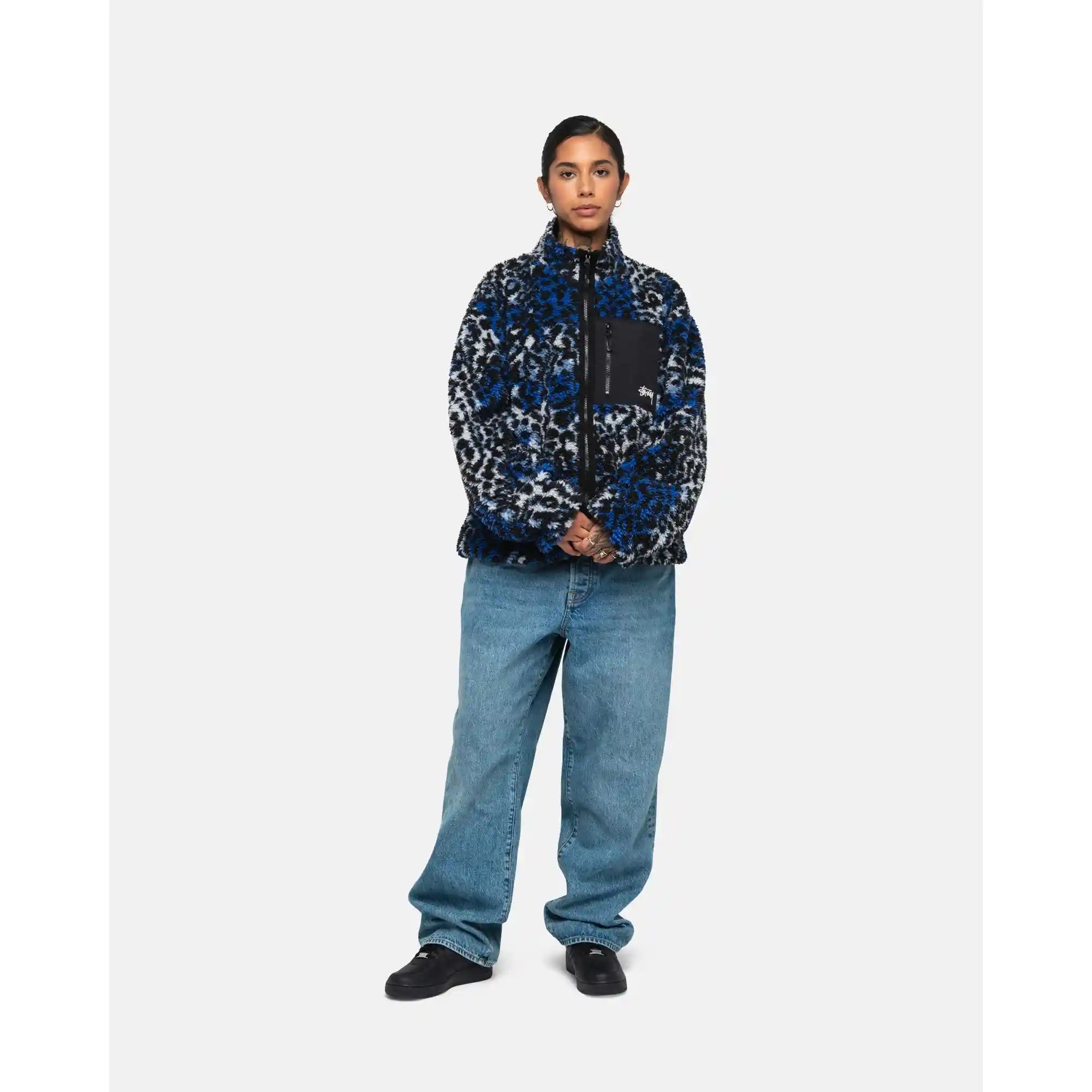 Stussy Sherpa Reversible Jacket, blue leopard — available at Norwood