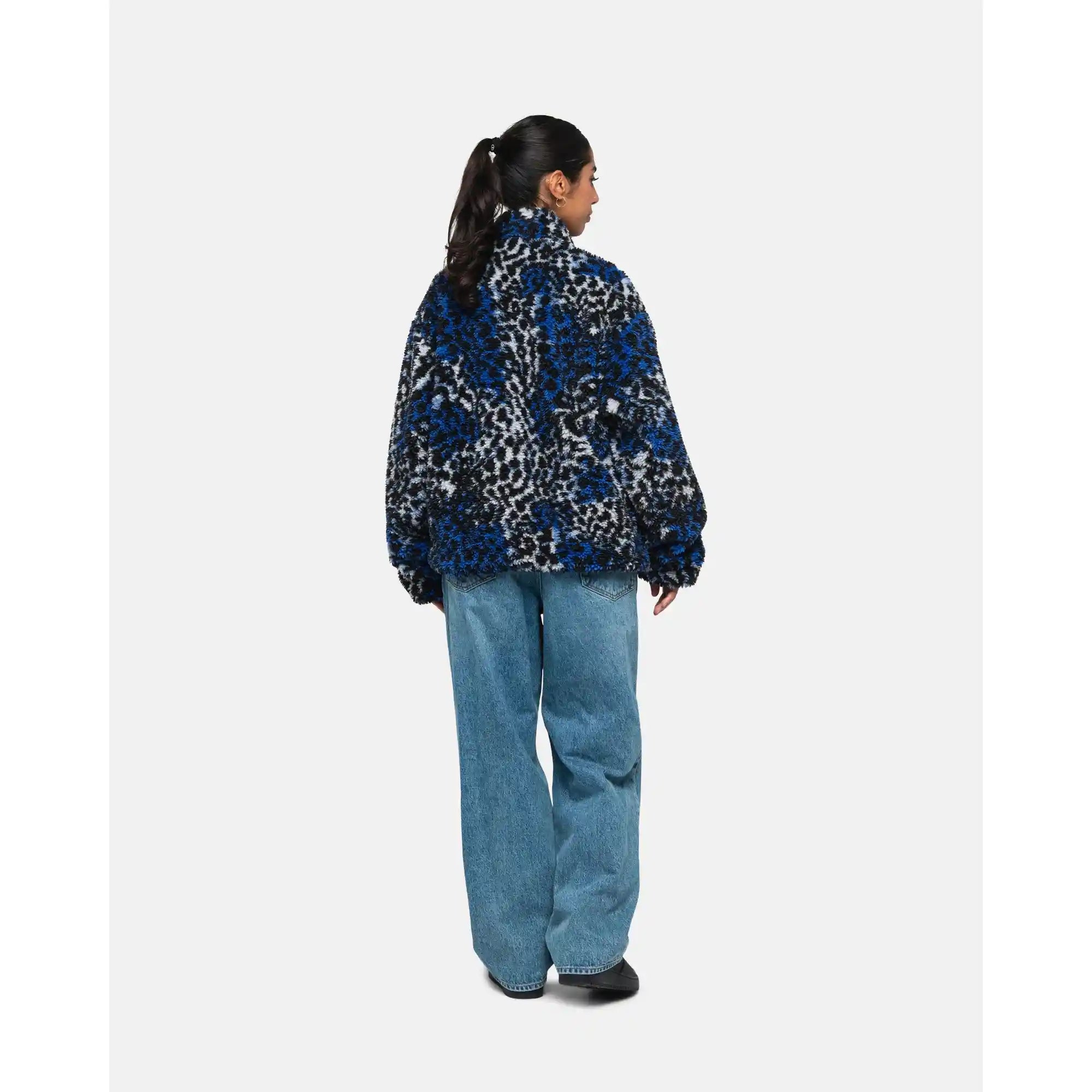 Stussy Sherpa Reversible Jacket, blue leopard — available at Norwood