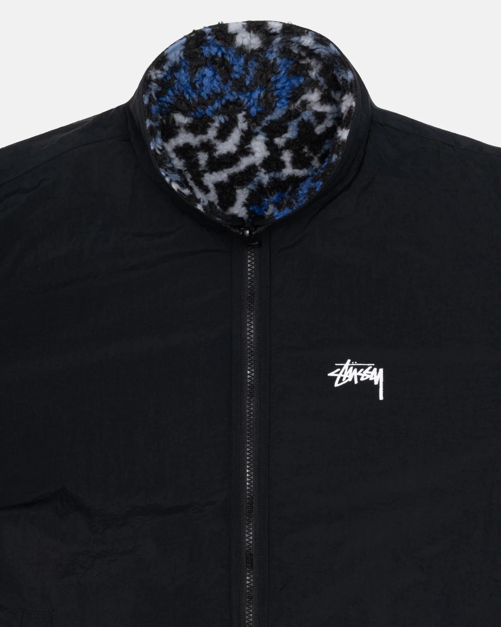 Stussy Sherpa Reversible Jacket, blue leopard — available at Norwood