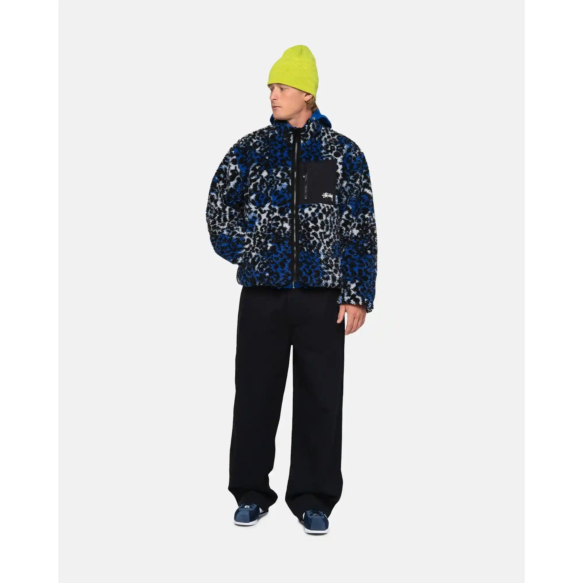 Stussy Sherpa Reversible Jacket, blue leopard — available at Norwood