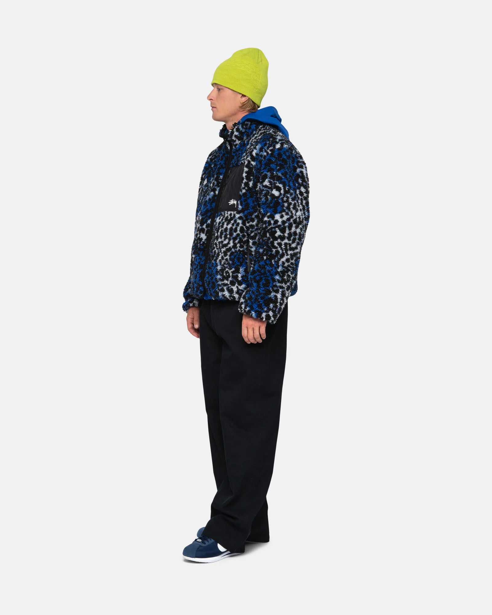 Stussy Sherpa Reversible Jacket, blue leopard — available at Norwood