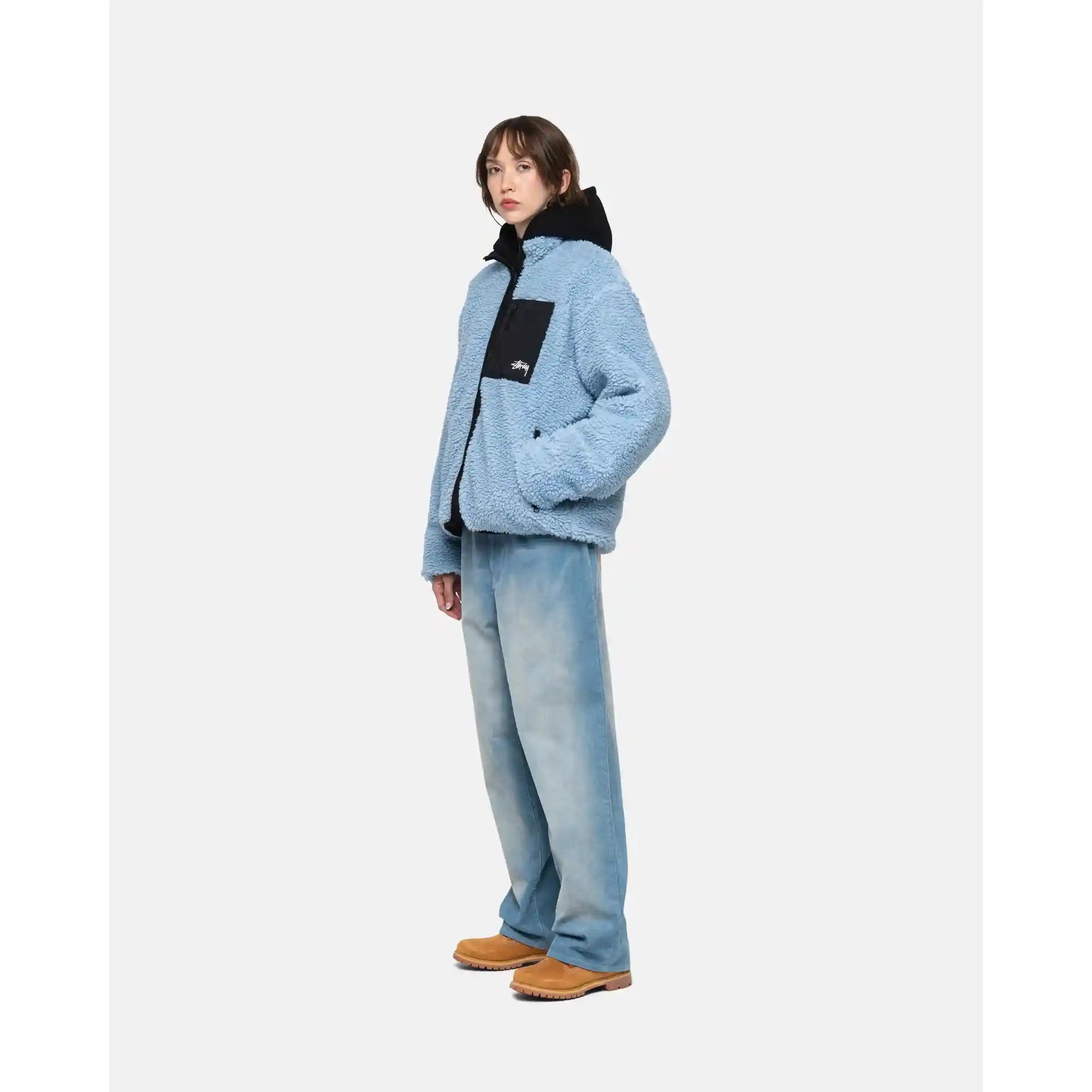 Stussy Sherpa Reversible Jacket, light denim — available at Norwood