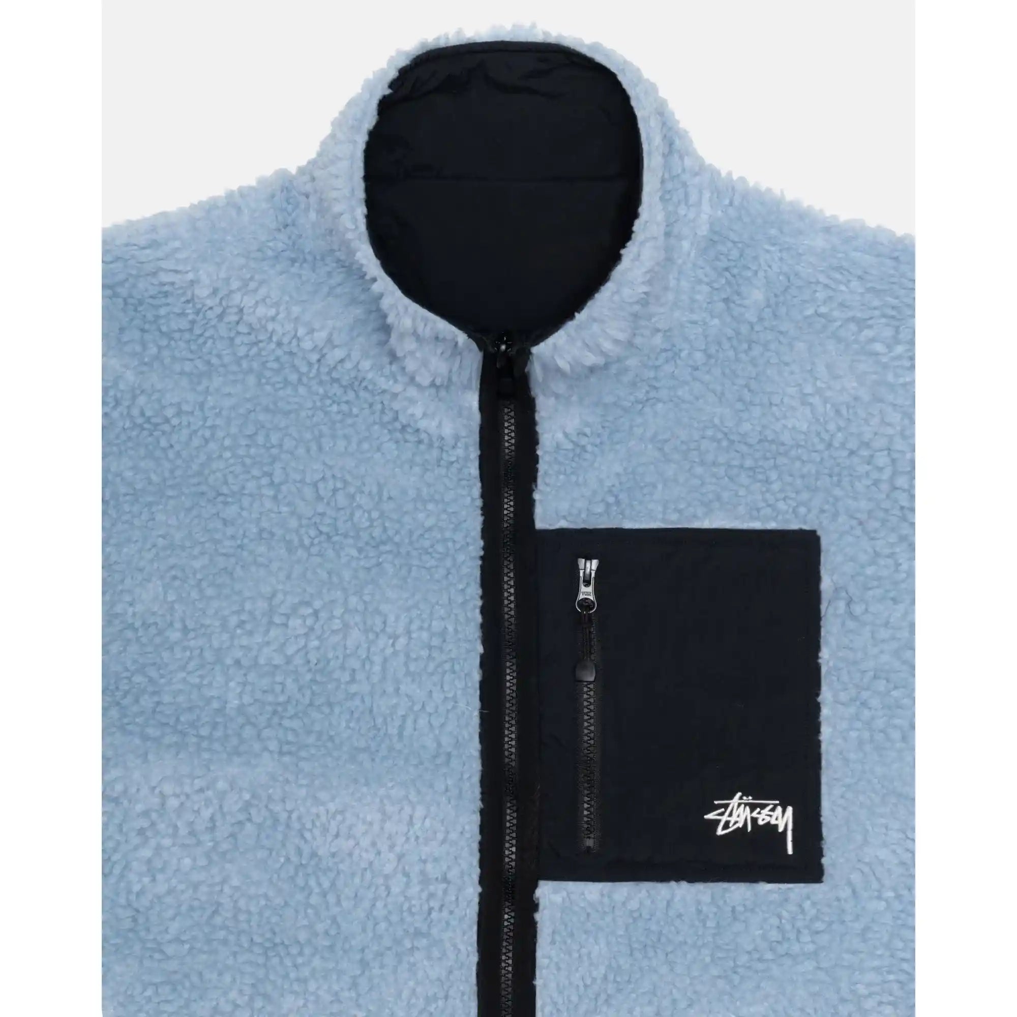 Stussy Sherpa Reversible Jacket, light denim — available at Norwood