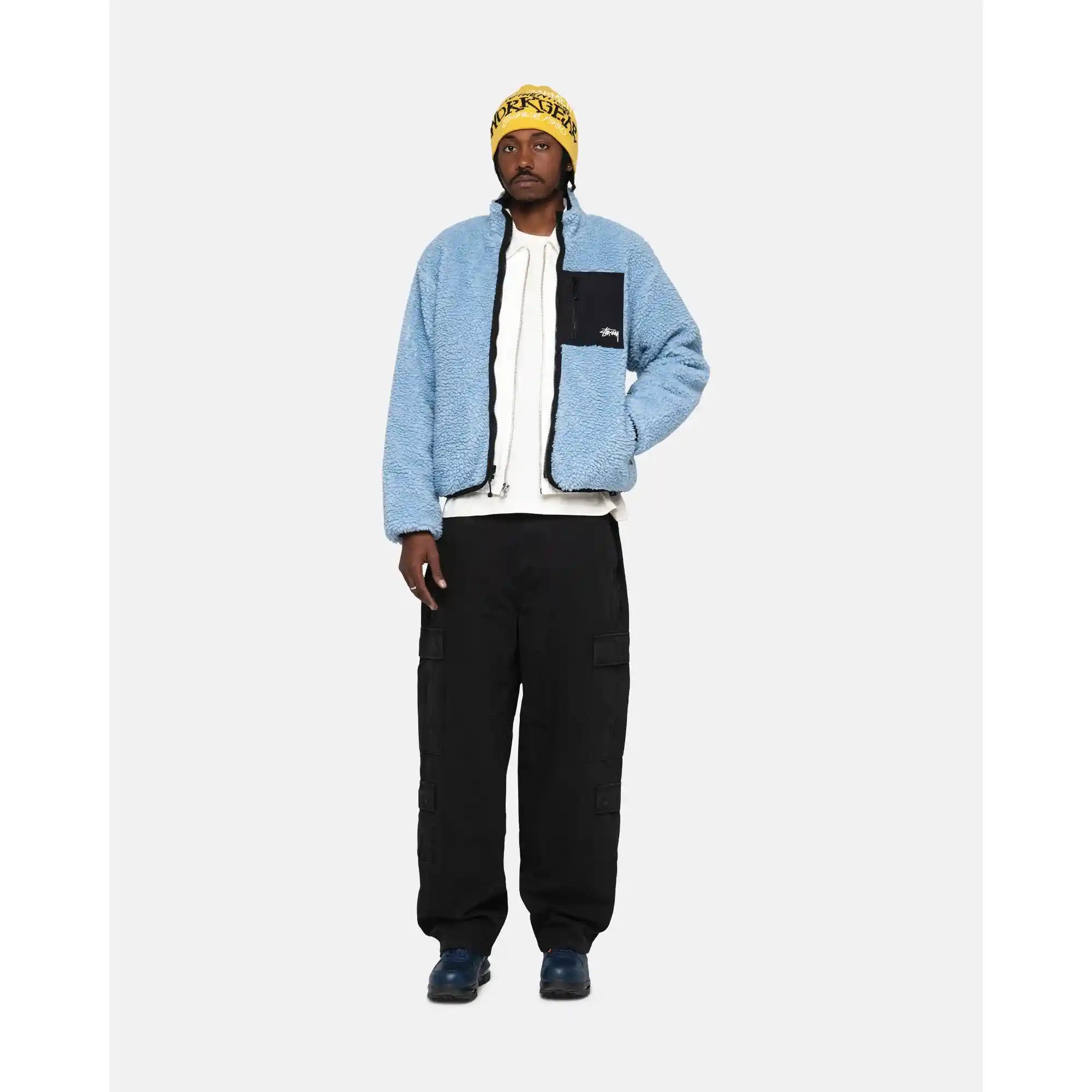 Stussy Sherpa Reversible Jacket, light denim — available at Norwood