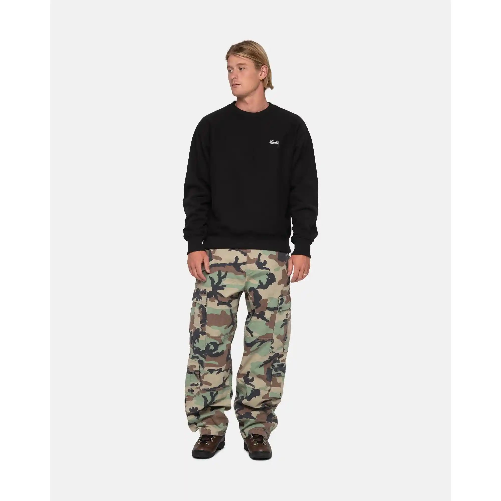 Stussy Stock Logo Crew, washed black — available at Norwood