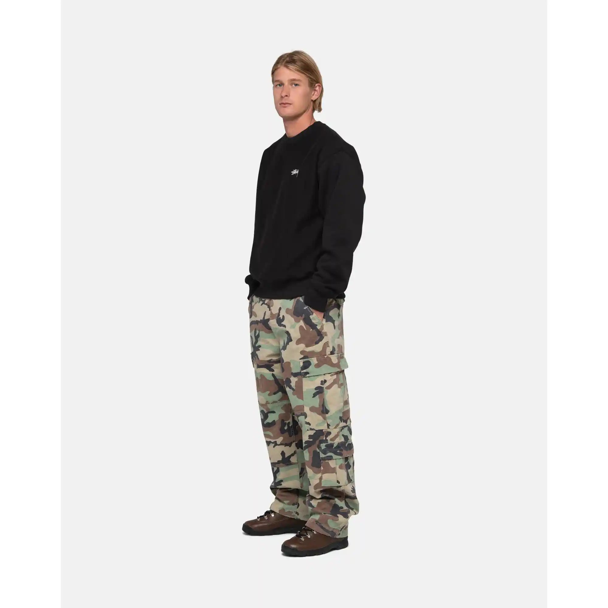 Stussy Stock Logo Crew, washed black — available at Norwood