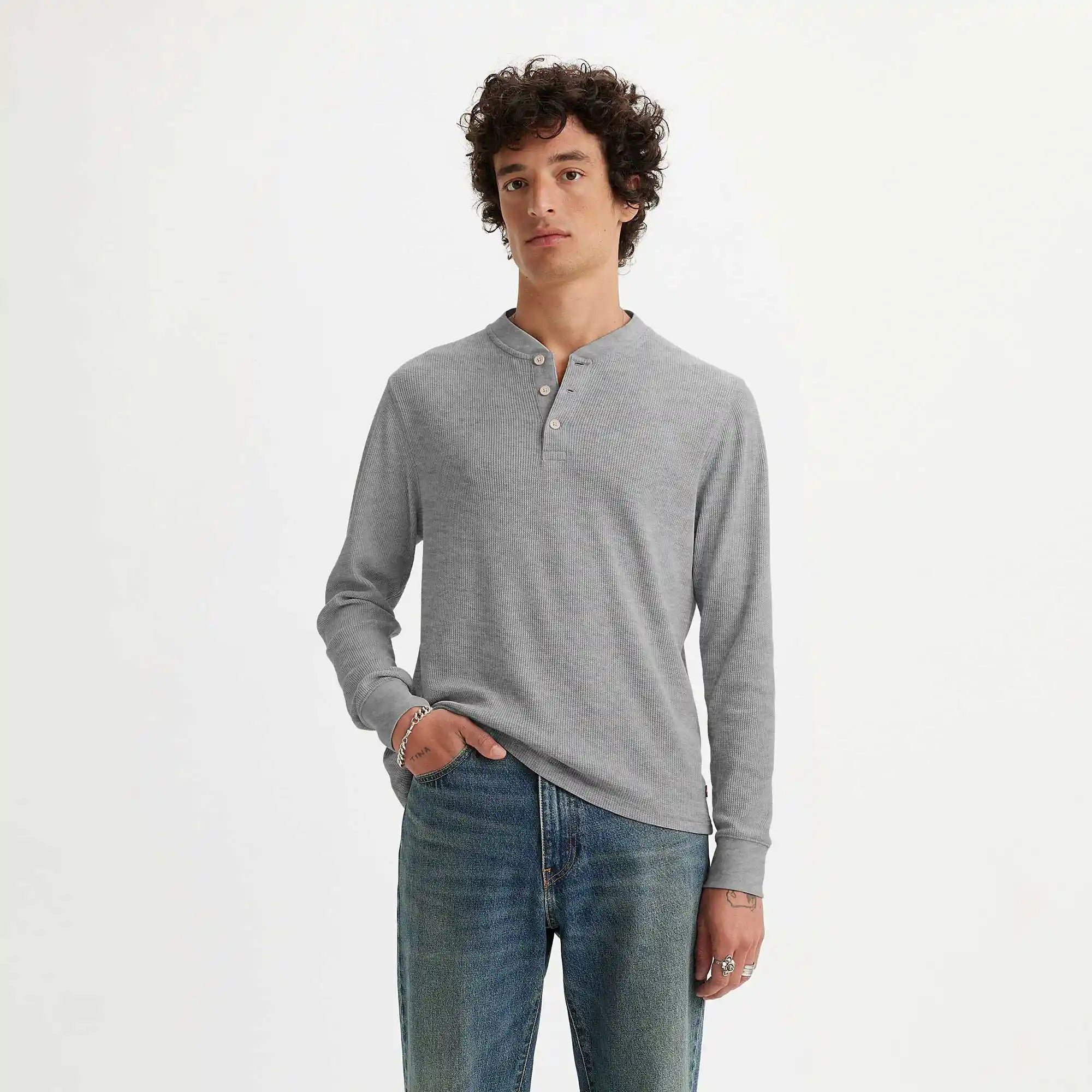 Levi's Thermal 3 Button Henley, mid tone grey heather