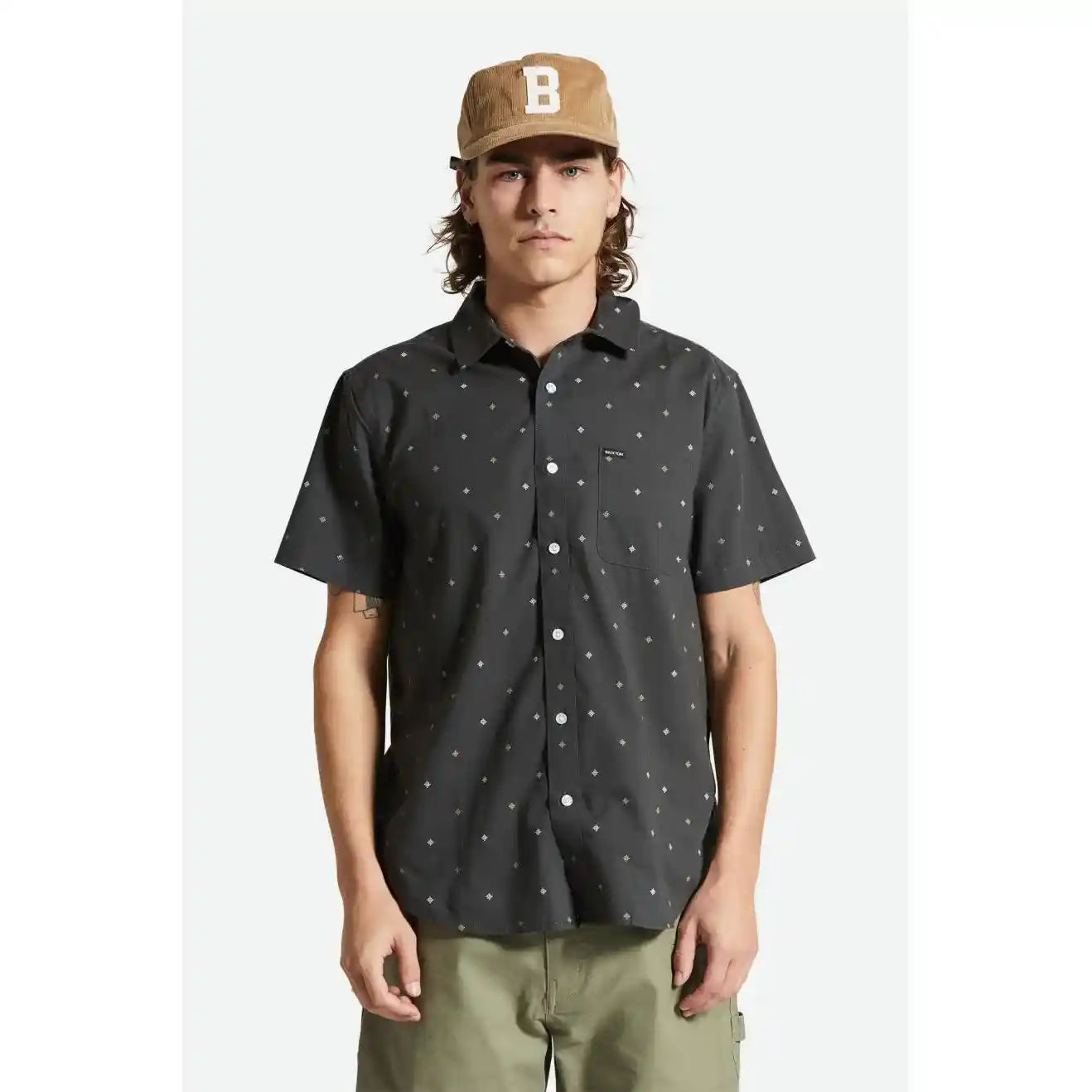 Brixton Charter Print Short Sleeve Woven Shirt, washed black pyramid — available at Norwood