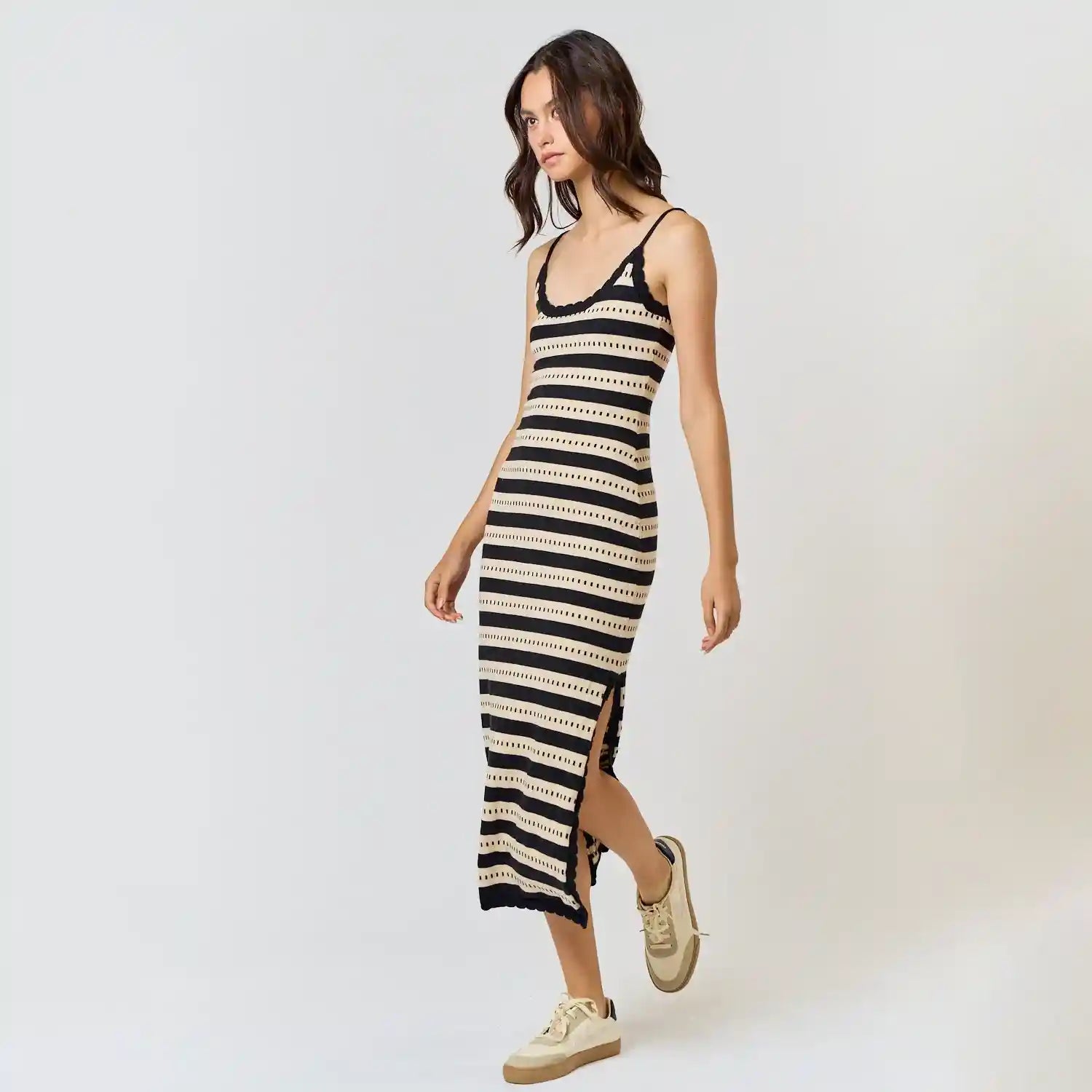 Womens Side Slit Sweater Midi Dress, natural/black stripe — available at Norwood