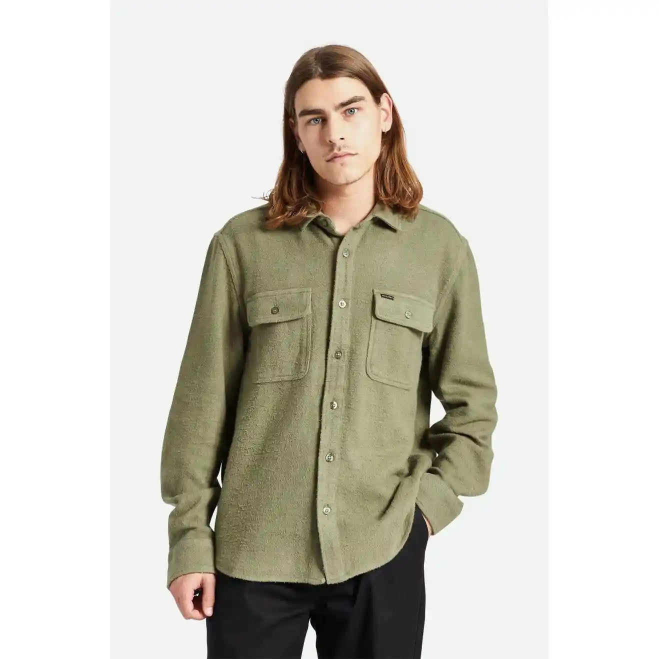 Brixton Bowery Textured Twill Overshirt, olive surplus — available at Norwood