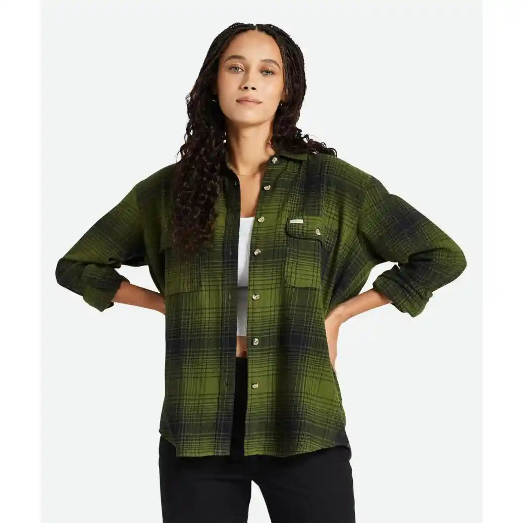 Brixton Womens Bowery Boyfriend Flannel, chive/black — available at Norwood