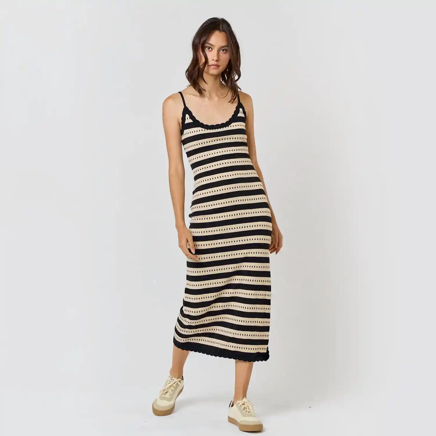 Womens Side Slit Sweater Midi Dress, natural/black stripe