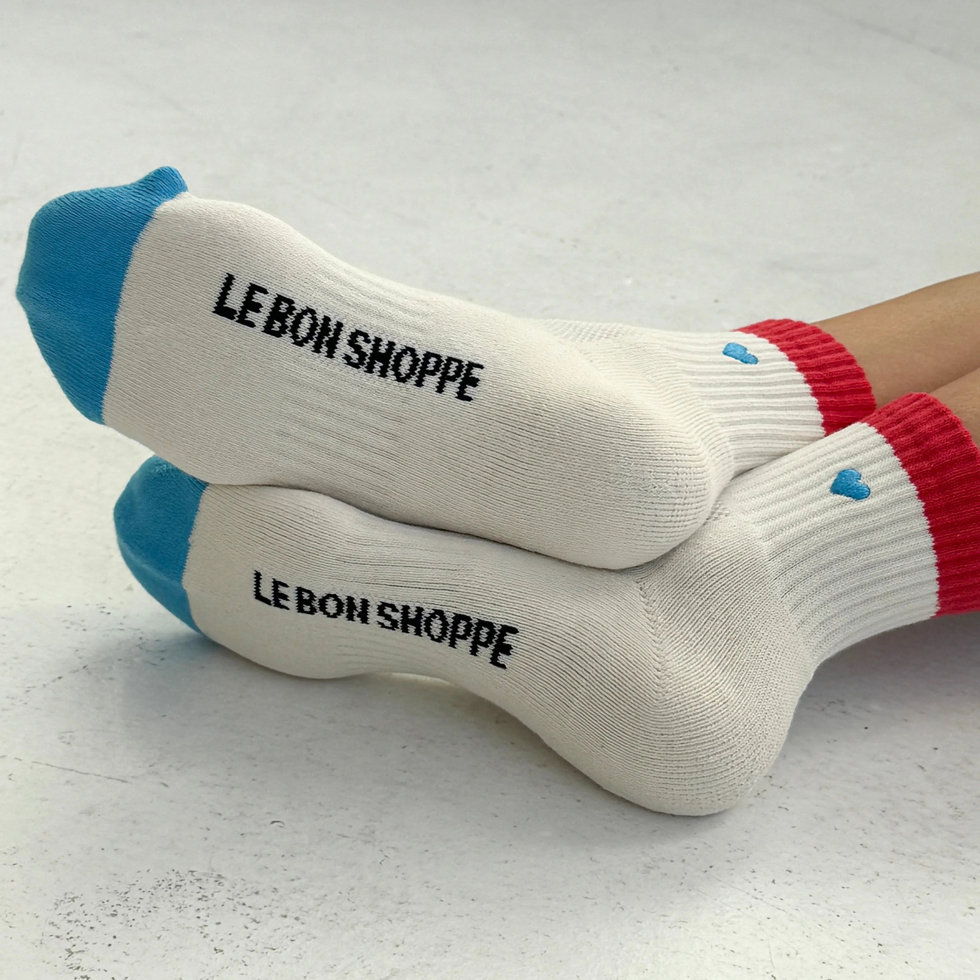 Le Bon Shoppe Embroidered Color Block Girlfriend Socks, blue red + heart — available at Norwood