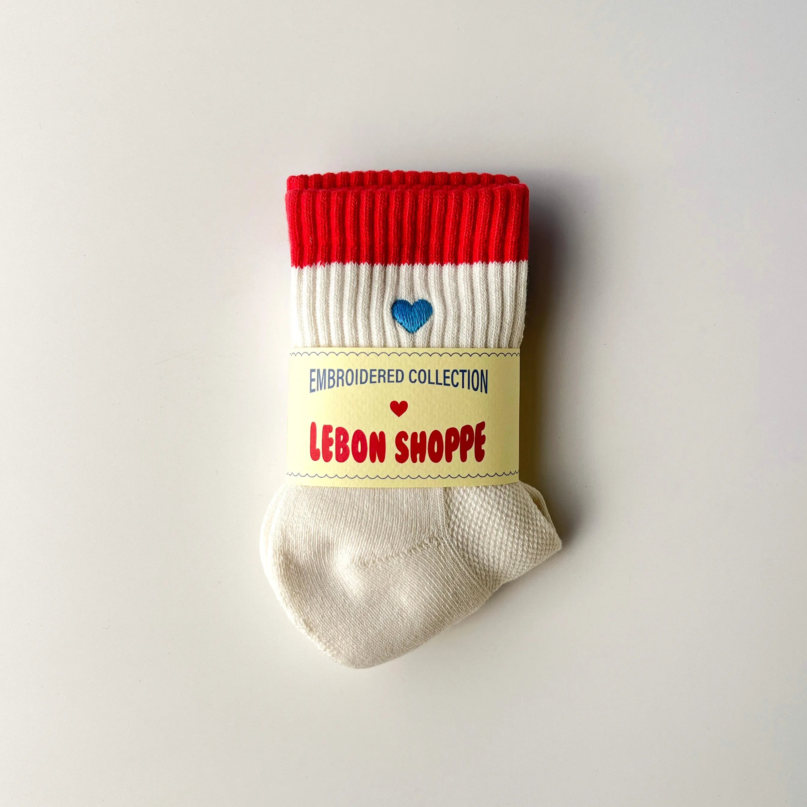 Le Bon Shoppe Embroidered Color Block Girlfriend Socks, blue red + heart — available at Norwood