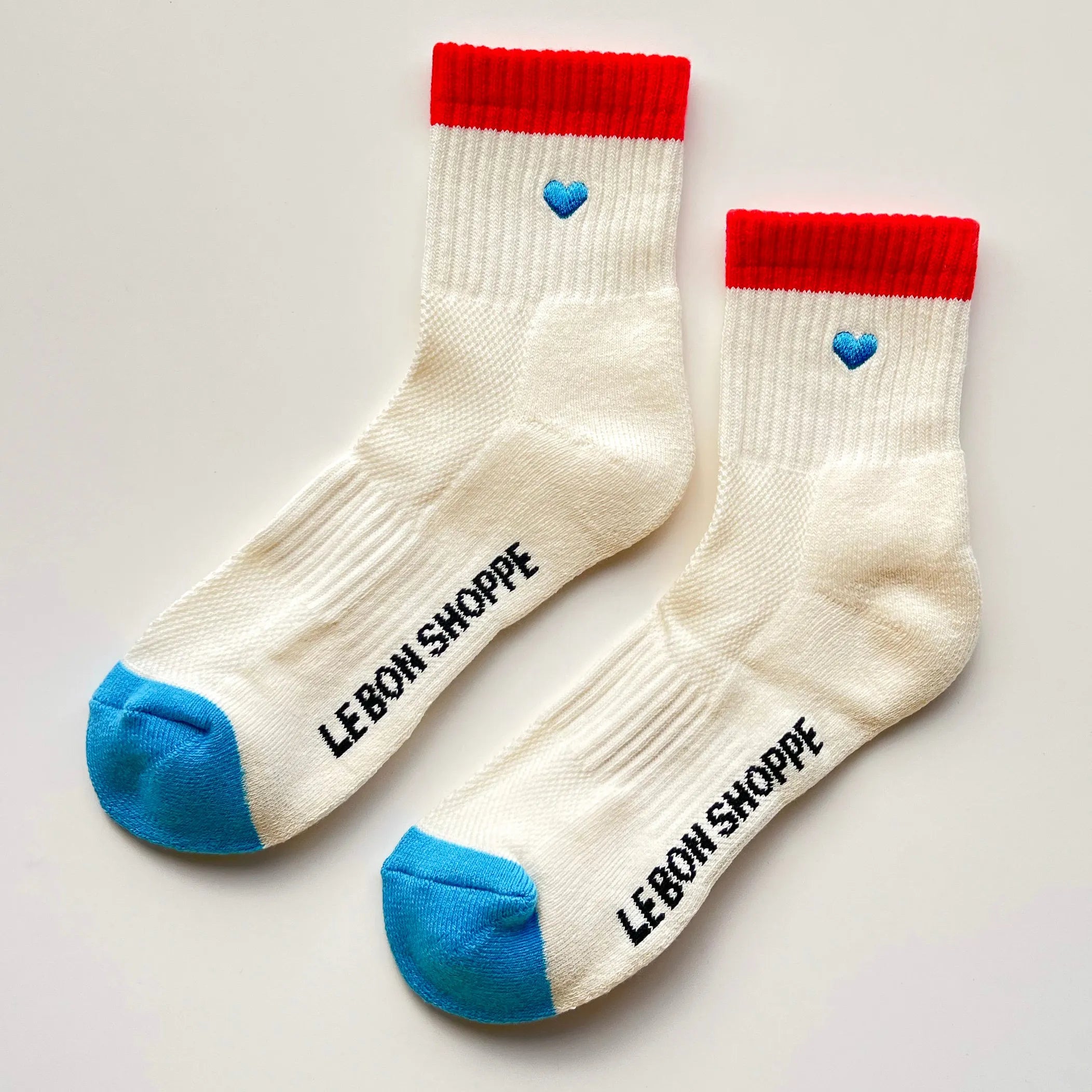 Le Bon Shoppe Embroidered Color Block Girlfriend Socks, blue red + heart — available at Norwood