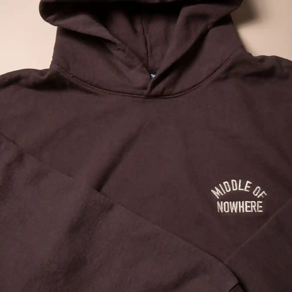 The Quiet Life Middle Of Nowhere Embroidered Hood, chocolate brown — available at Norwood