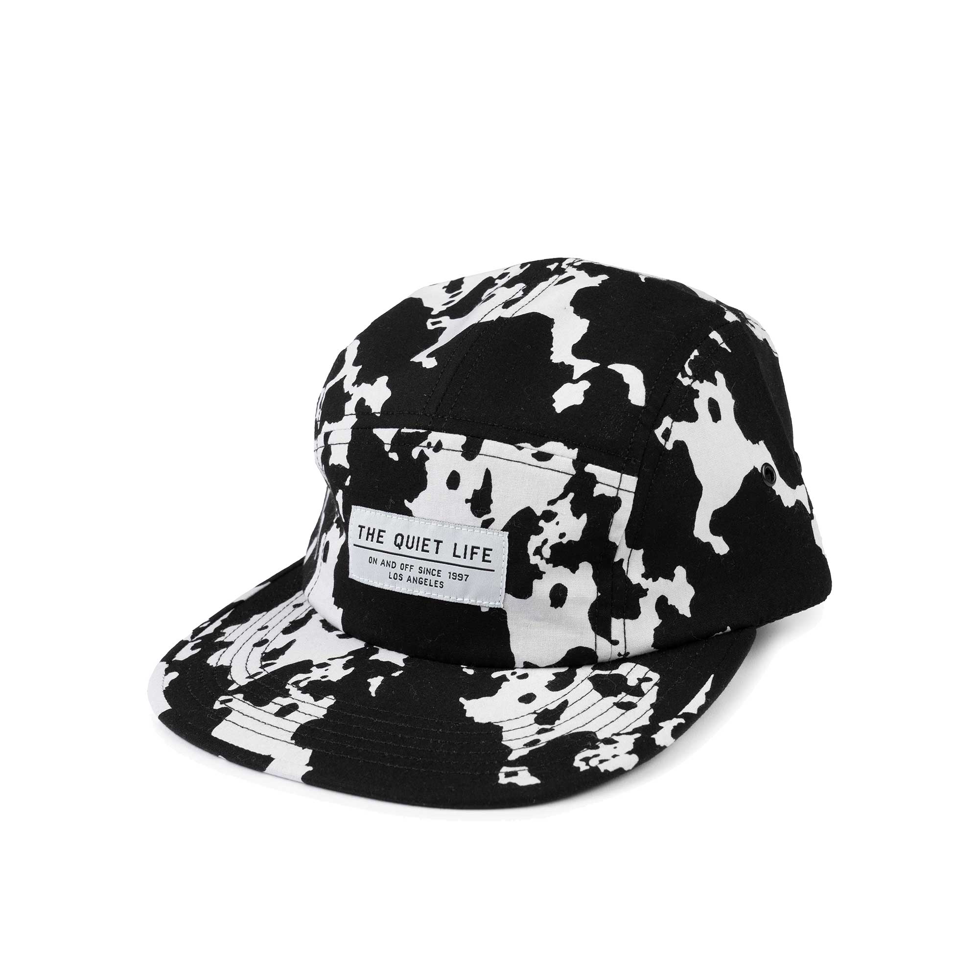 The Quiet Life Cow 5 Panel Camper Hat - Made In Usa, Black/White — available at Norwood