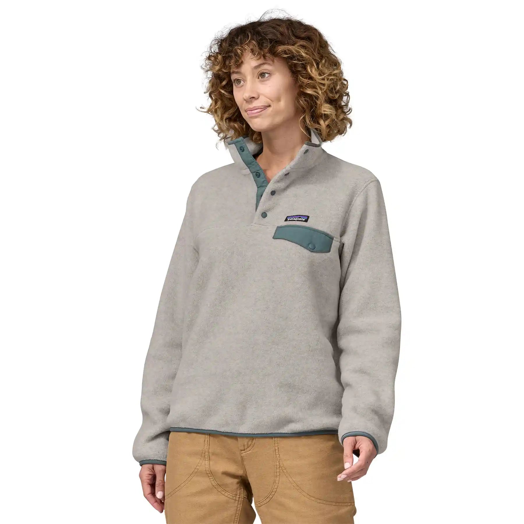 Patagonia Womens Lightweight Synchilla Snap-T Pullover, oatmeal heather w/nouveau green — available at Norwood