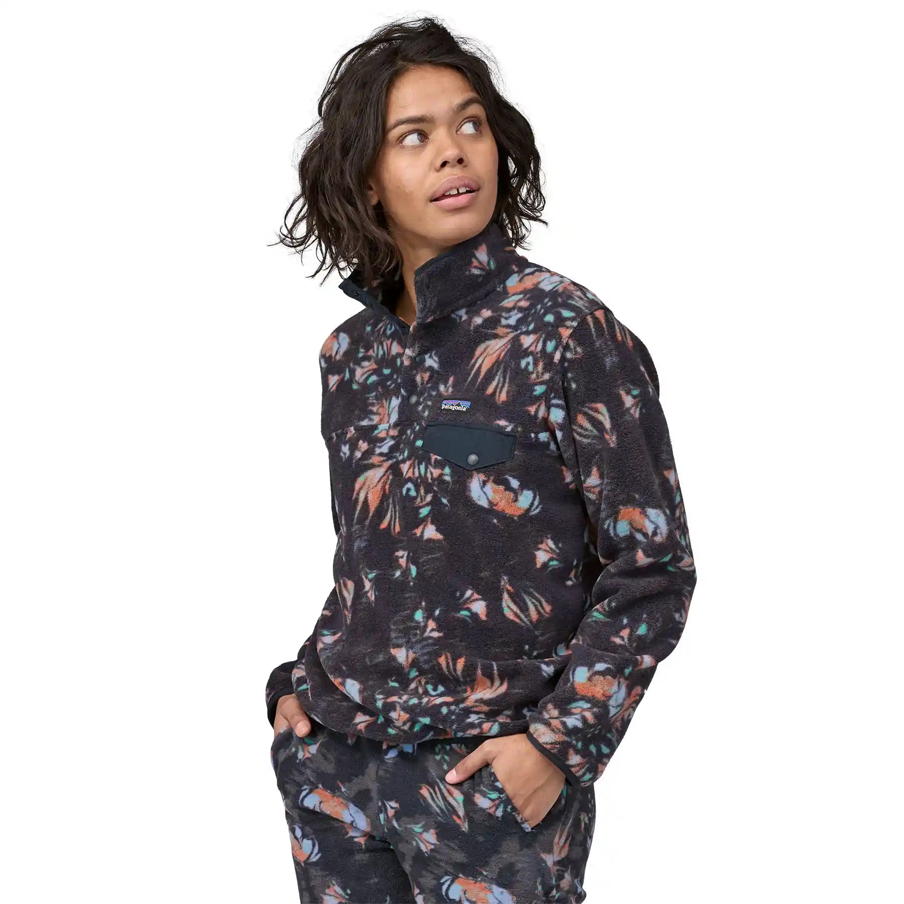 Patagonia Womens Lightweight Synchilla Snap-T Pullover, swirl floral: pitch blue — available at Norwood