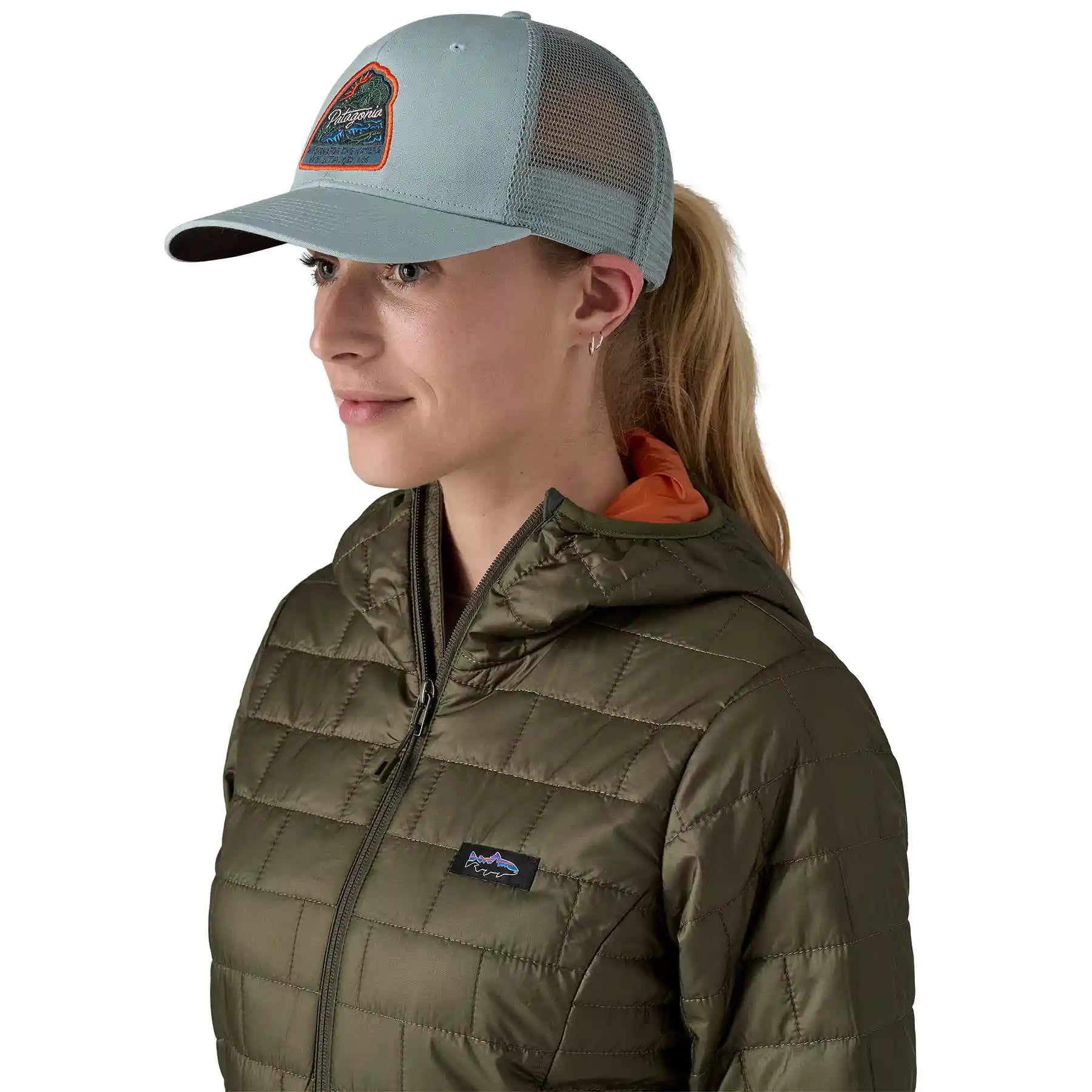 Patagonia Take A Stand Trucker Hat, bayou badge: thermal blue — available at Norwood