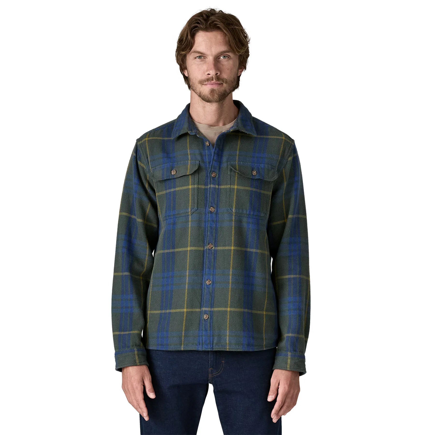 Patagonia Mens Fjord Loft Shirt, netted: old growth green — available at Norwood