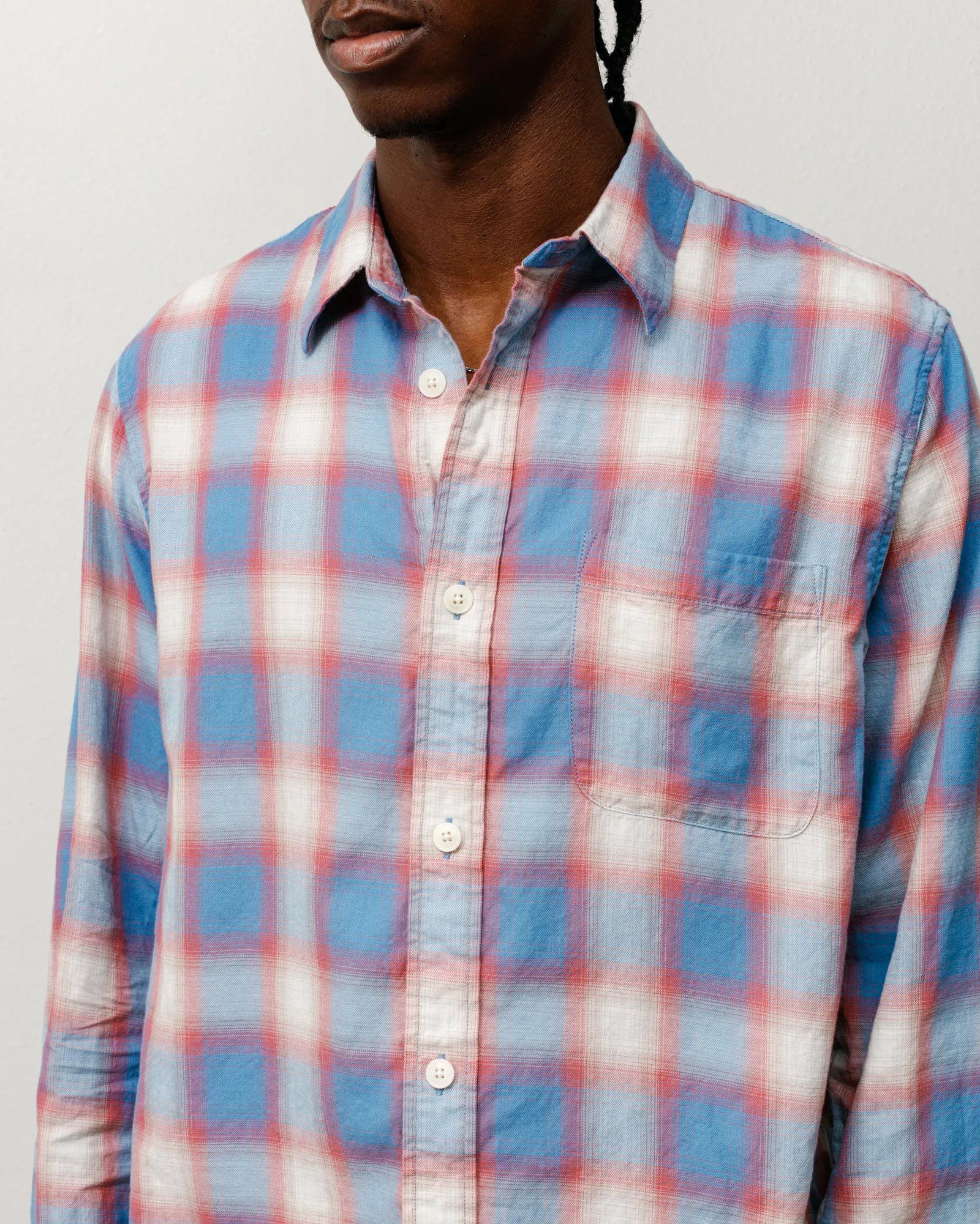 Stussy Beach Ombre Plaid Shirt, blue — available at Norwood