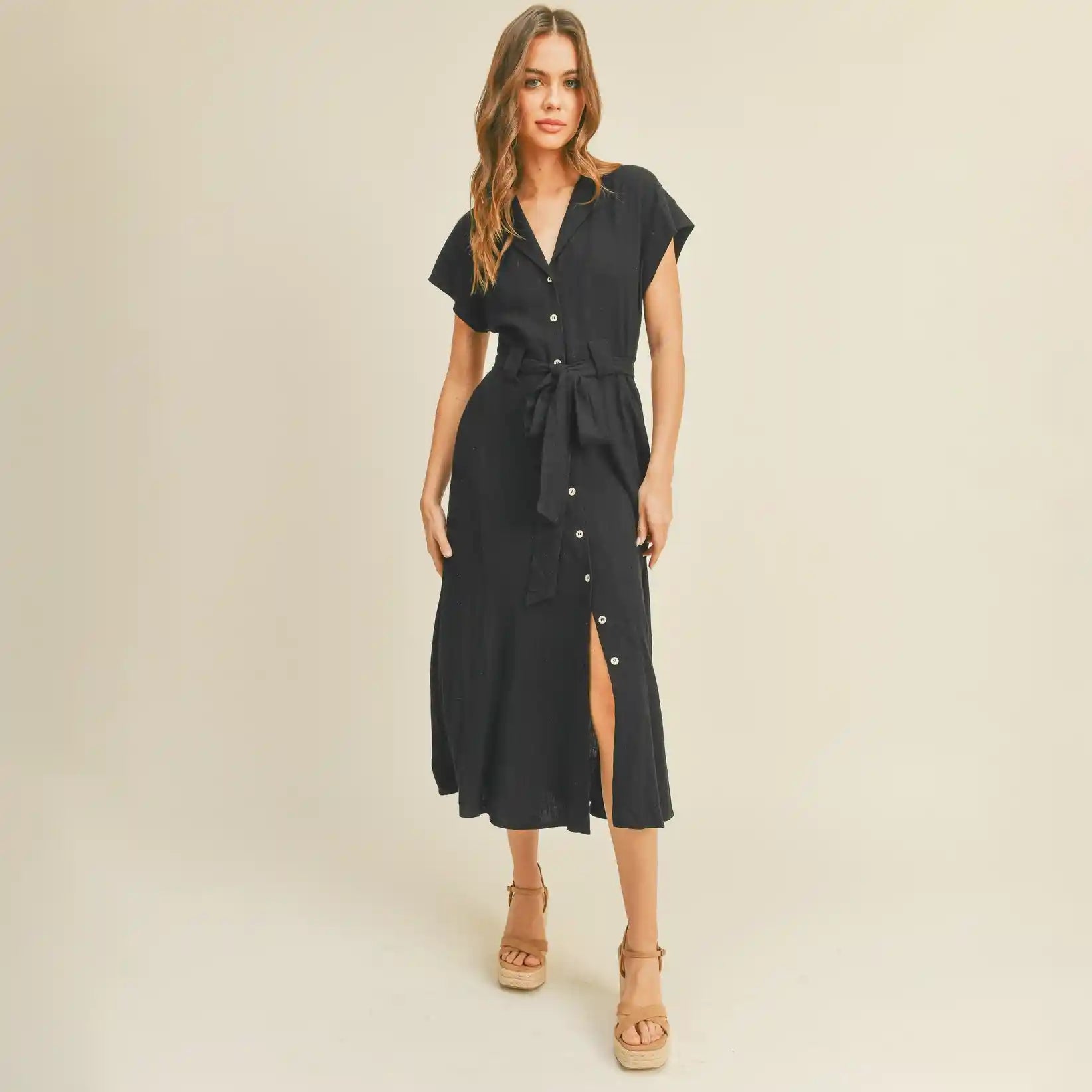 Womens V-Neck Button Down A-Line Shirt Dress, black