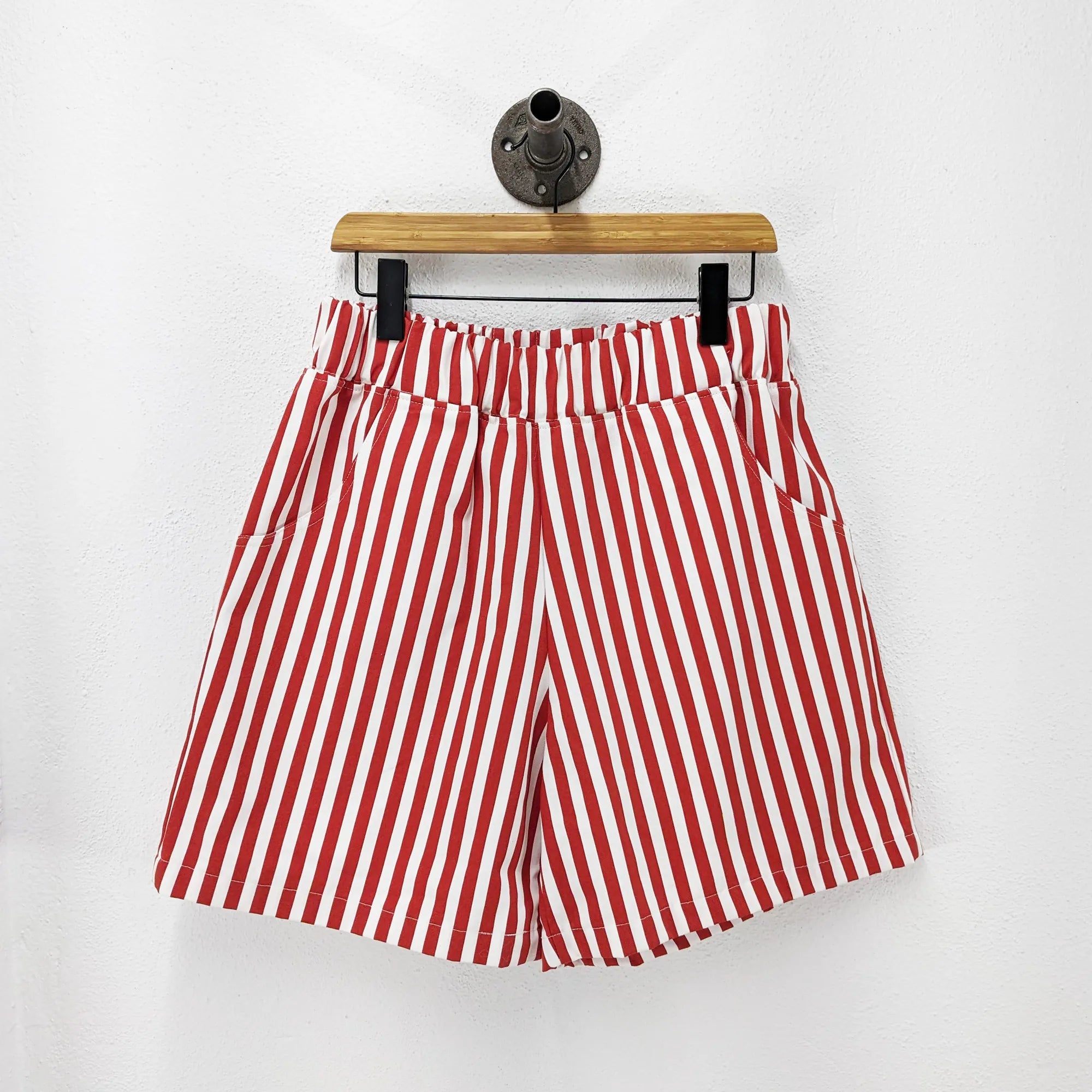 CUB Alia Shorts, wide red & white stripe — available at Norwood
