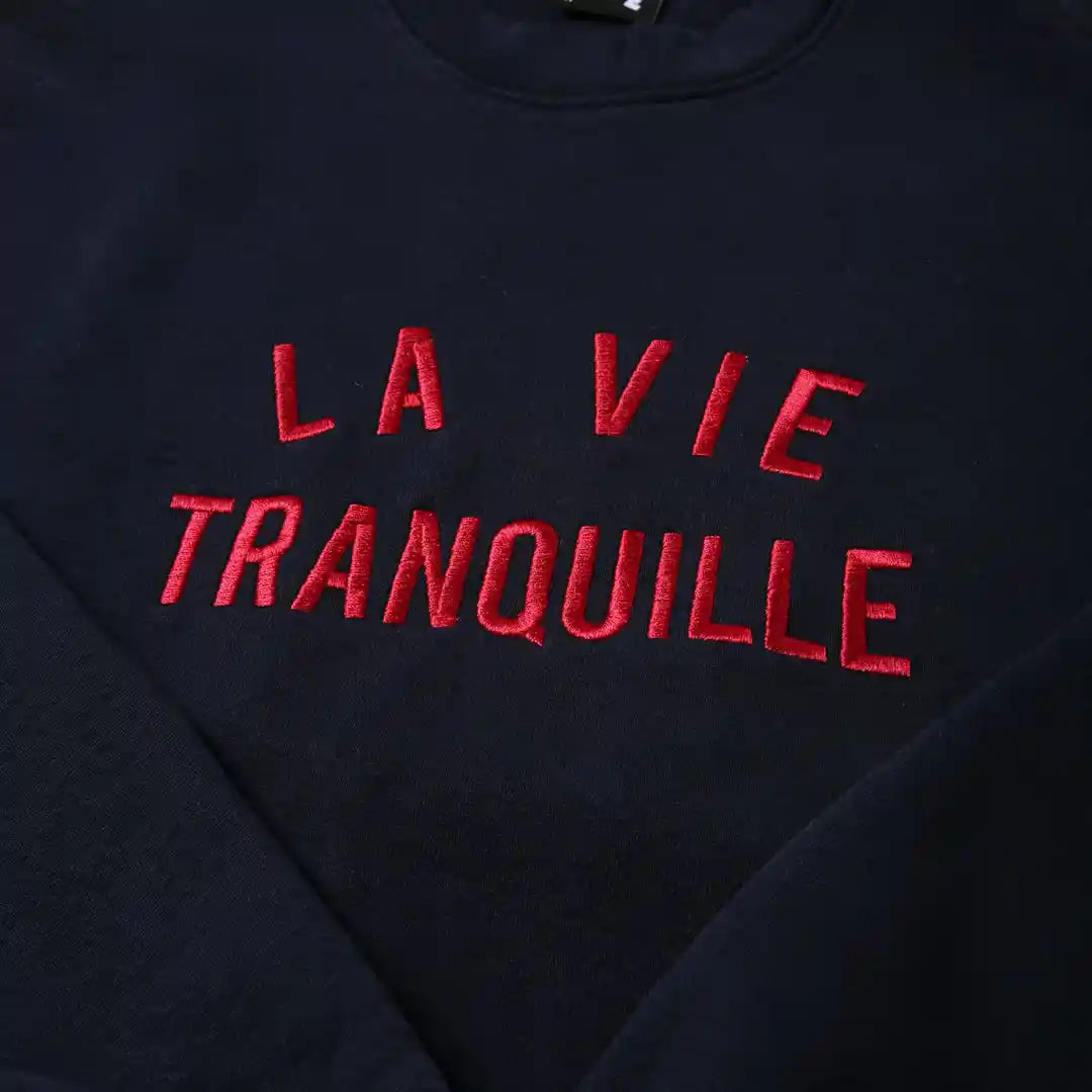 The Quiet Life La Vie Tranquille Embroidered Crew - Made In Usa, navy — available at Norwood