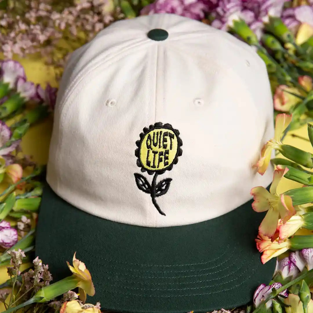 The Quiet Life Smell The Flowers Polo Hat - Made In USA, cream/green — available at Norwood