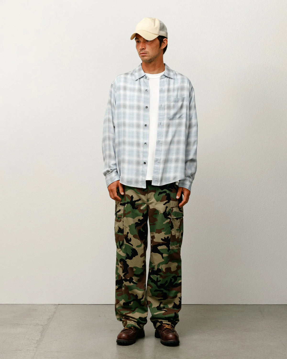 Stussy Matthew Printed Plaid Shirt, light blue — available at Norwood