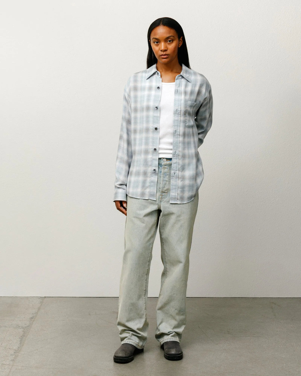 Stussy Matthew Printed Plaid Shirt, light blue — available at Norwood