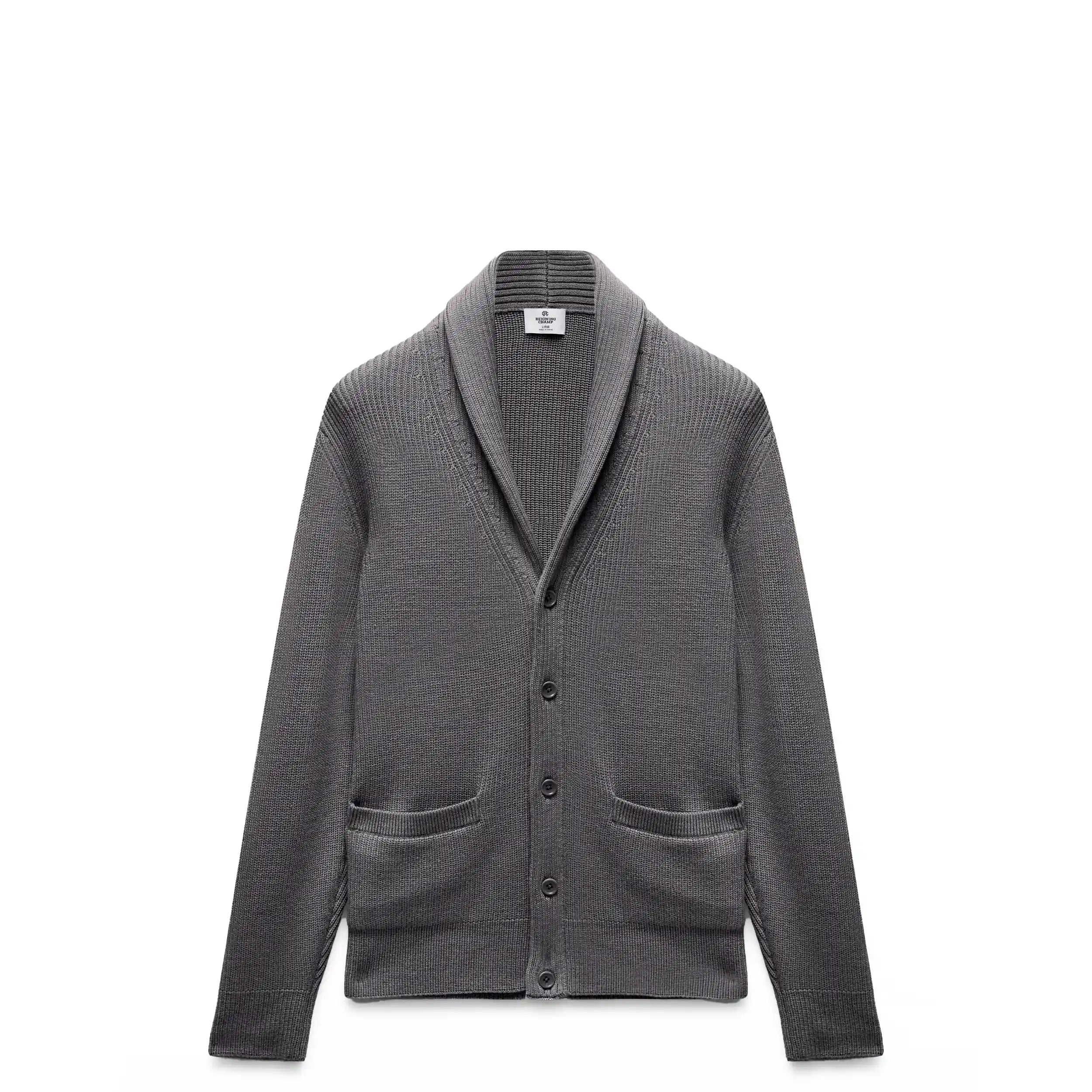 Reigning Champ Merino Rib Vinnie Shawl Cardigan, heather carbon