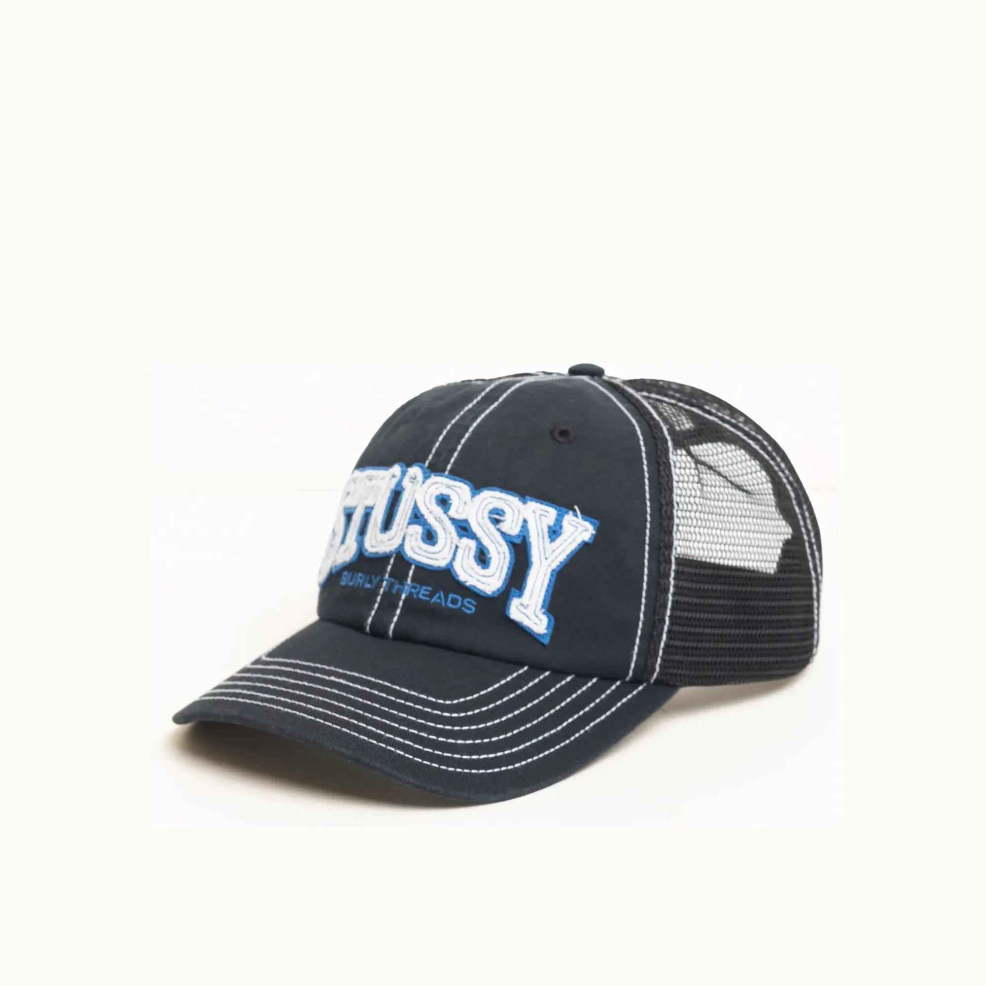 Stussy Burly Threads Trucker Cap, black — available at Norwood