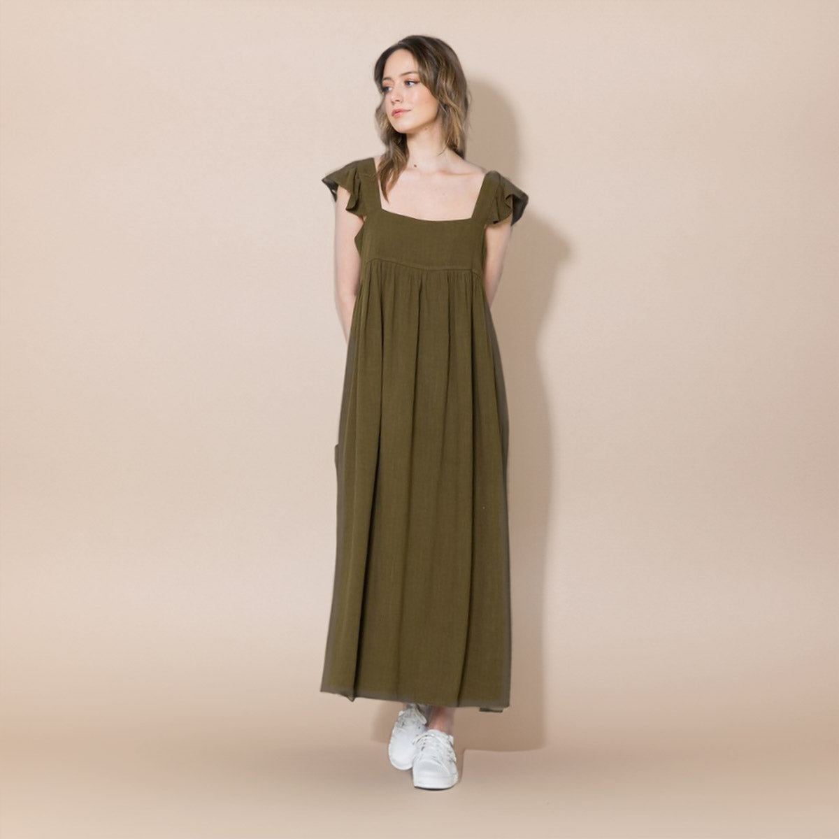 Womens Ruffle Sleeve Dress, olive