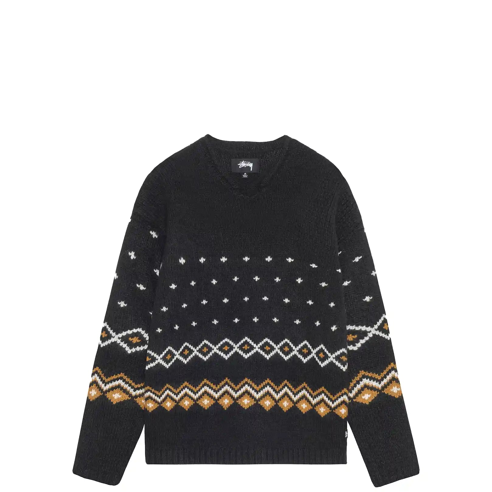 Stussy Roll V Neck Fairisle Sweater, charcoal