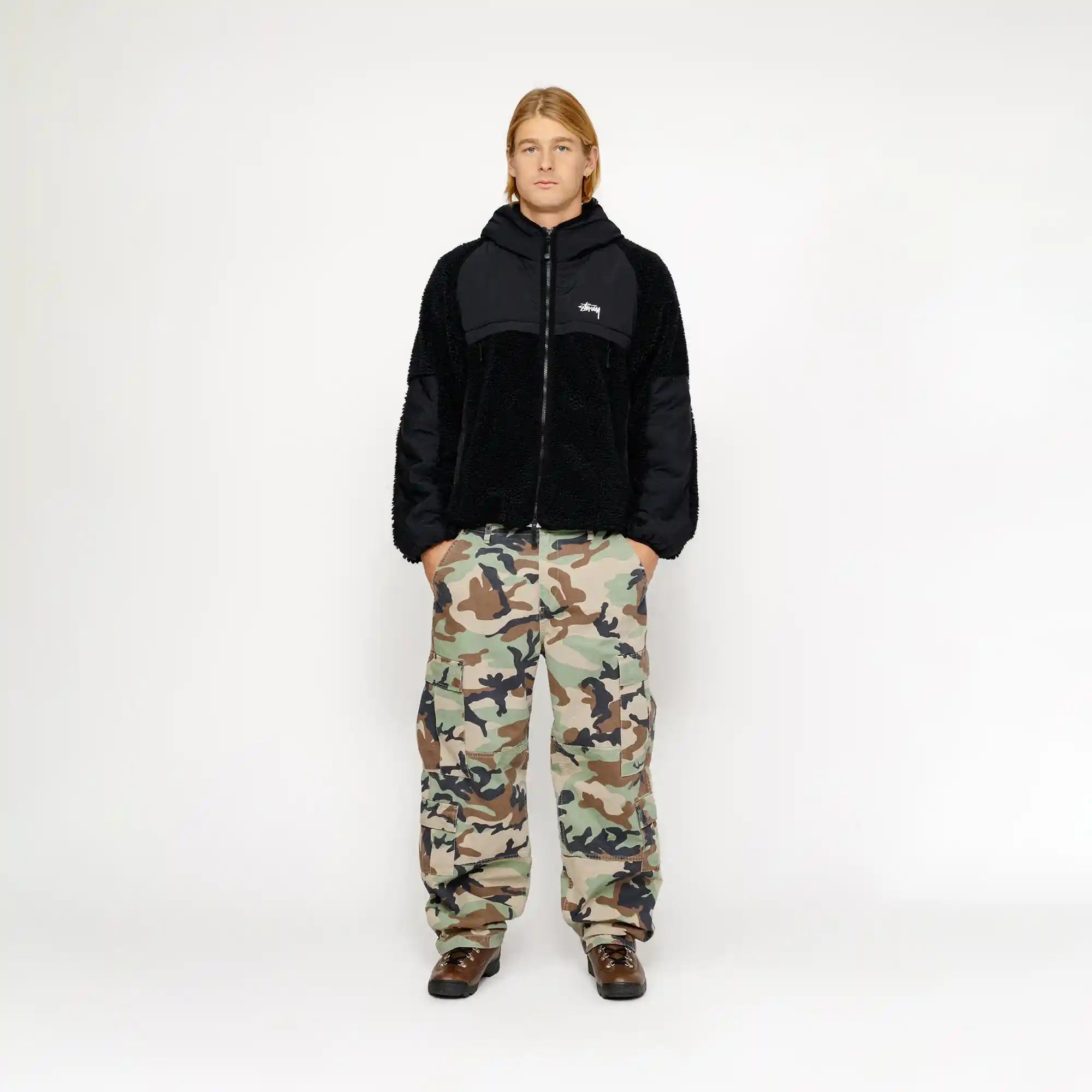 Stussy Sherpa Paneled Hooded Jacket, black — available at Norwood