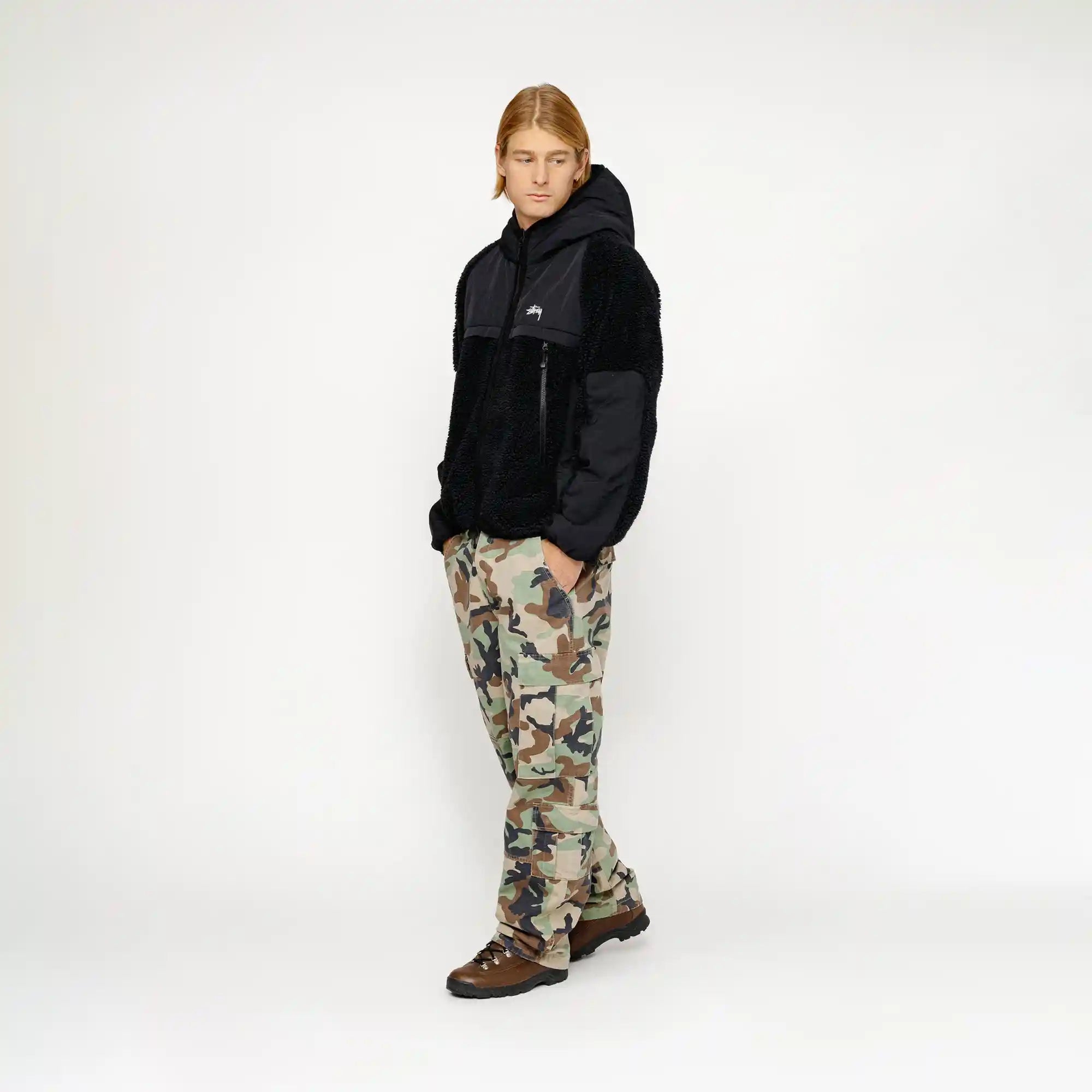 Stussy Sherpa Paneled Hooded Jacket, black — available at Norwood