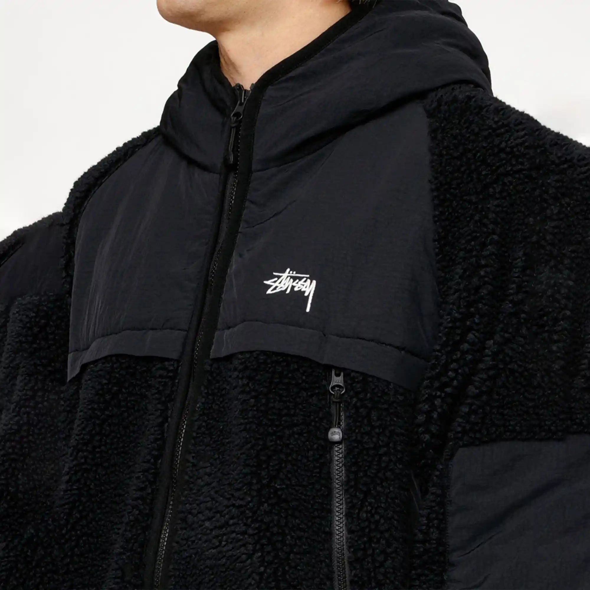 Stussy Sherpa Paneled Hooded Jacket, black — available at Norwood