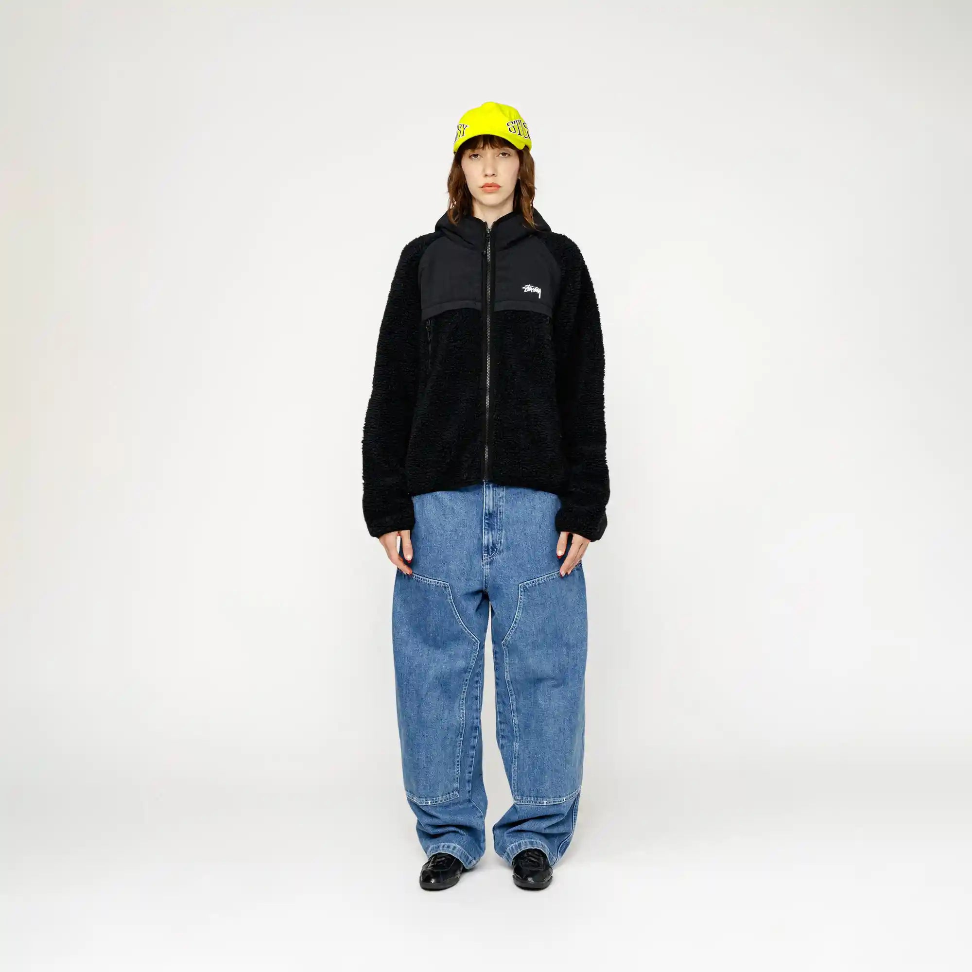 Stussy Sherpa Paneled Hooded Jacket, black — available at Norwood