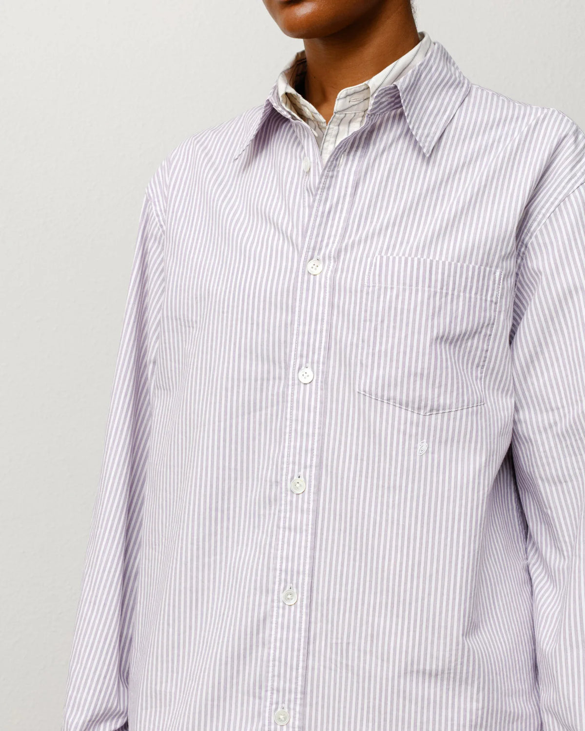 Stussy Standard Long Sleeve Shirt, purple stripe — available at Norwood