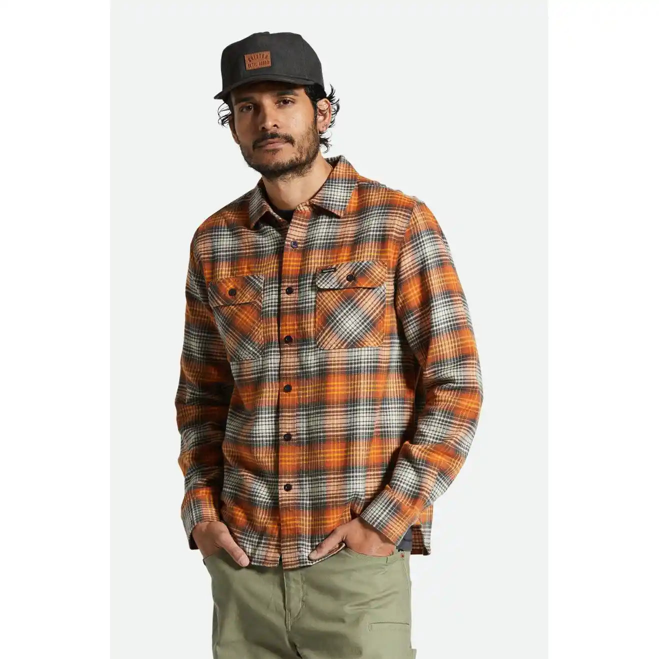 Brixton Bowery Lightweight Ultra Flannel, terracotta/black — available at Norwood